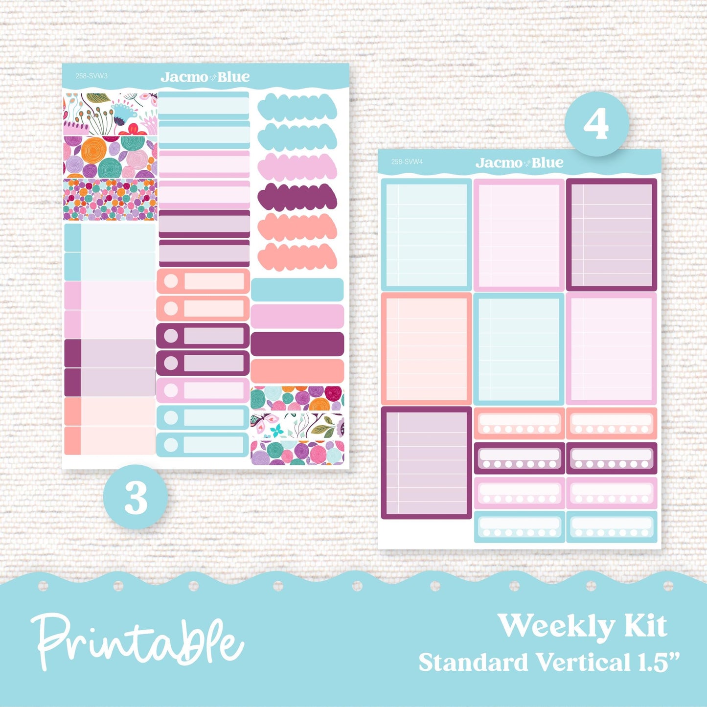 258P PRINTABLE Weekly Sticker Kit Vertical Planner Stickers Erin Condren - Silhouette Cricut Summer Weekly Stickers 1.5" columns Lavender
