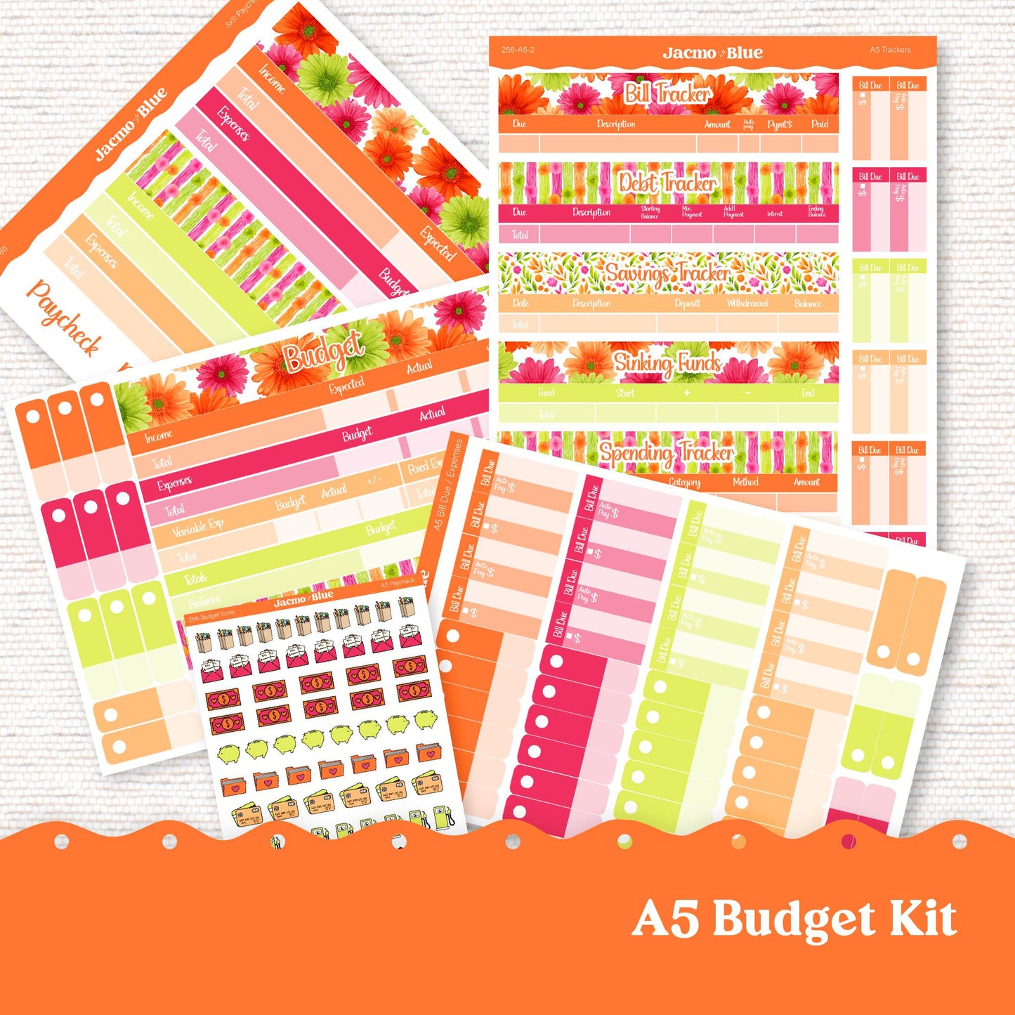 A5 Budget Planner Sticker Kit Budget by Paycheck Trackers - Kit 256 Bright Gerber Daisies