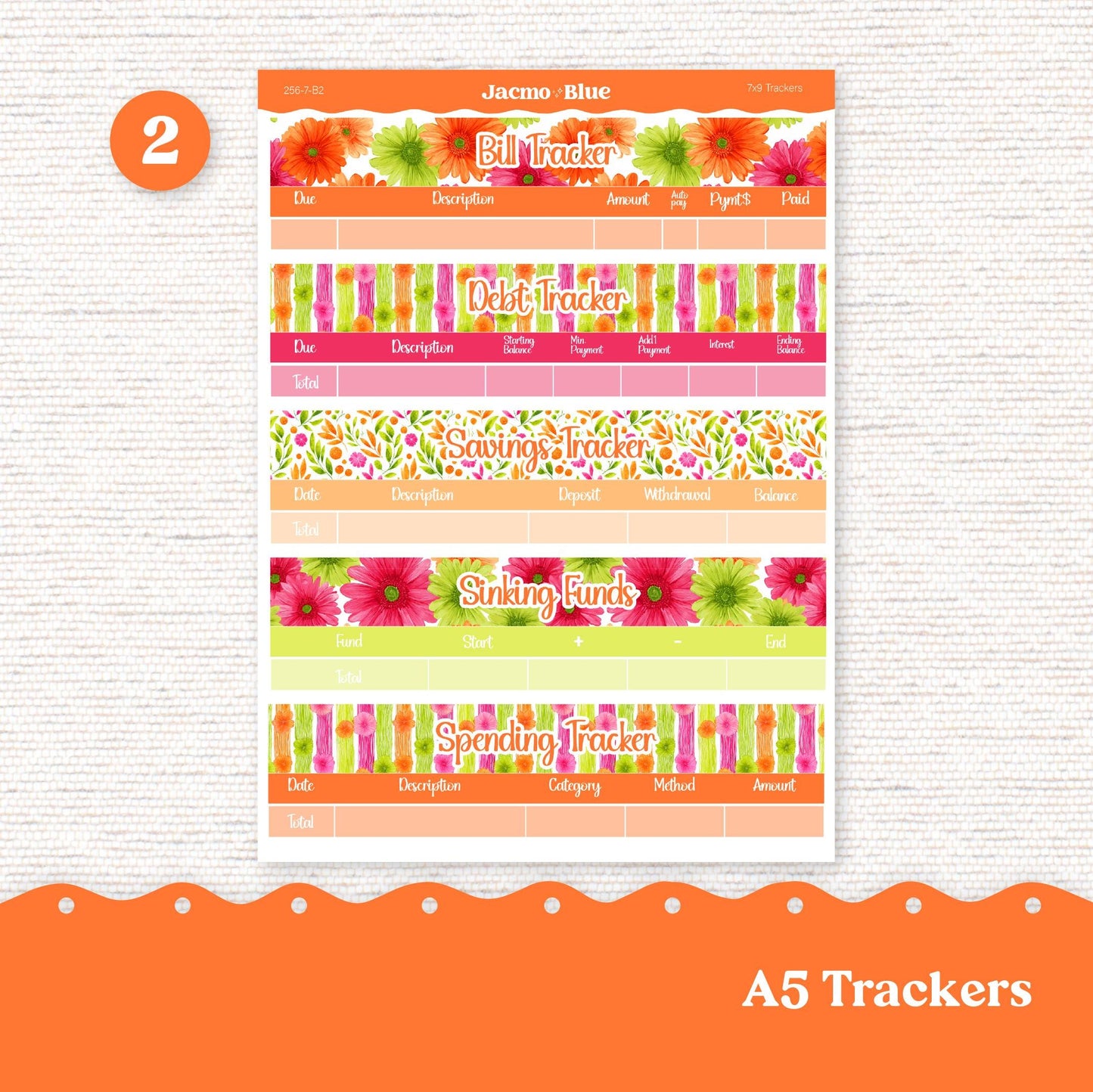 A5 Budget Planner Sticker Kit Budget by Paycheck Trackers - Kit 256 Bright Gerber Daisies