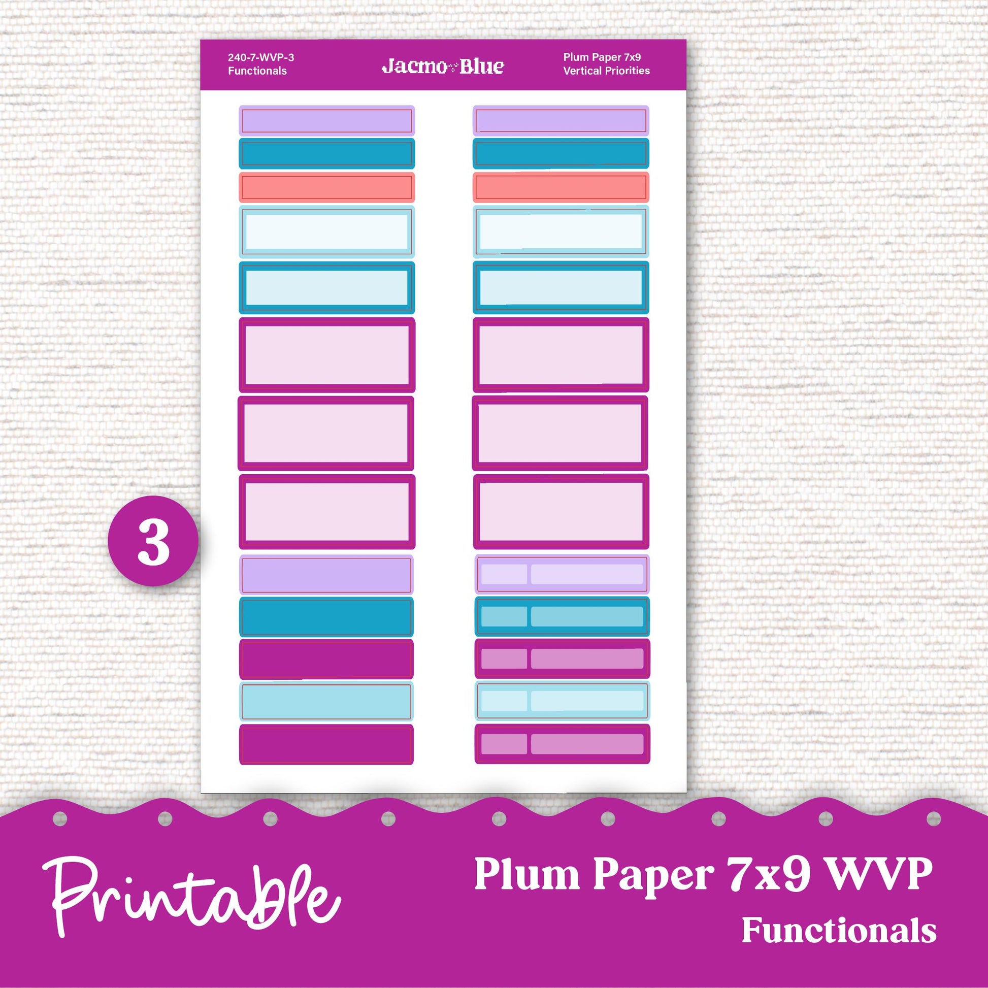PRINTABLE 7x9 Weekly Vertical Priorities Sticker Kit Plum Paper Silhouette Cricut Transparent PNG Files 240P Outrageous Bright Pink Purple
