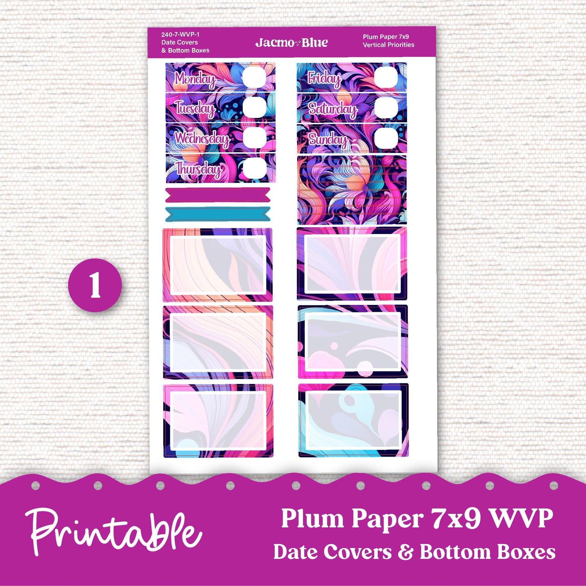 PRINTABLE 7x9 Weekly Vertical Priorities Sticker Kit Plum Paper Silhouette Cricut Transparent PNG Files 240P Outrageous Bright Pink Purple
