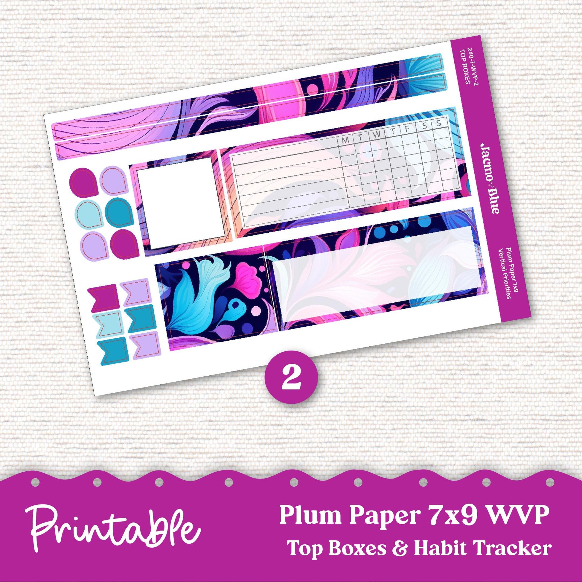 PRINTABLE 7x9 Weekly Vertical Priorities Sticker Kit Plum Paper Silhouette Cricut Transparent PNG Files 240P Outrageous Bright Pink Purple