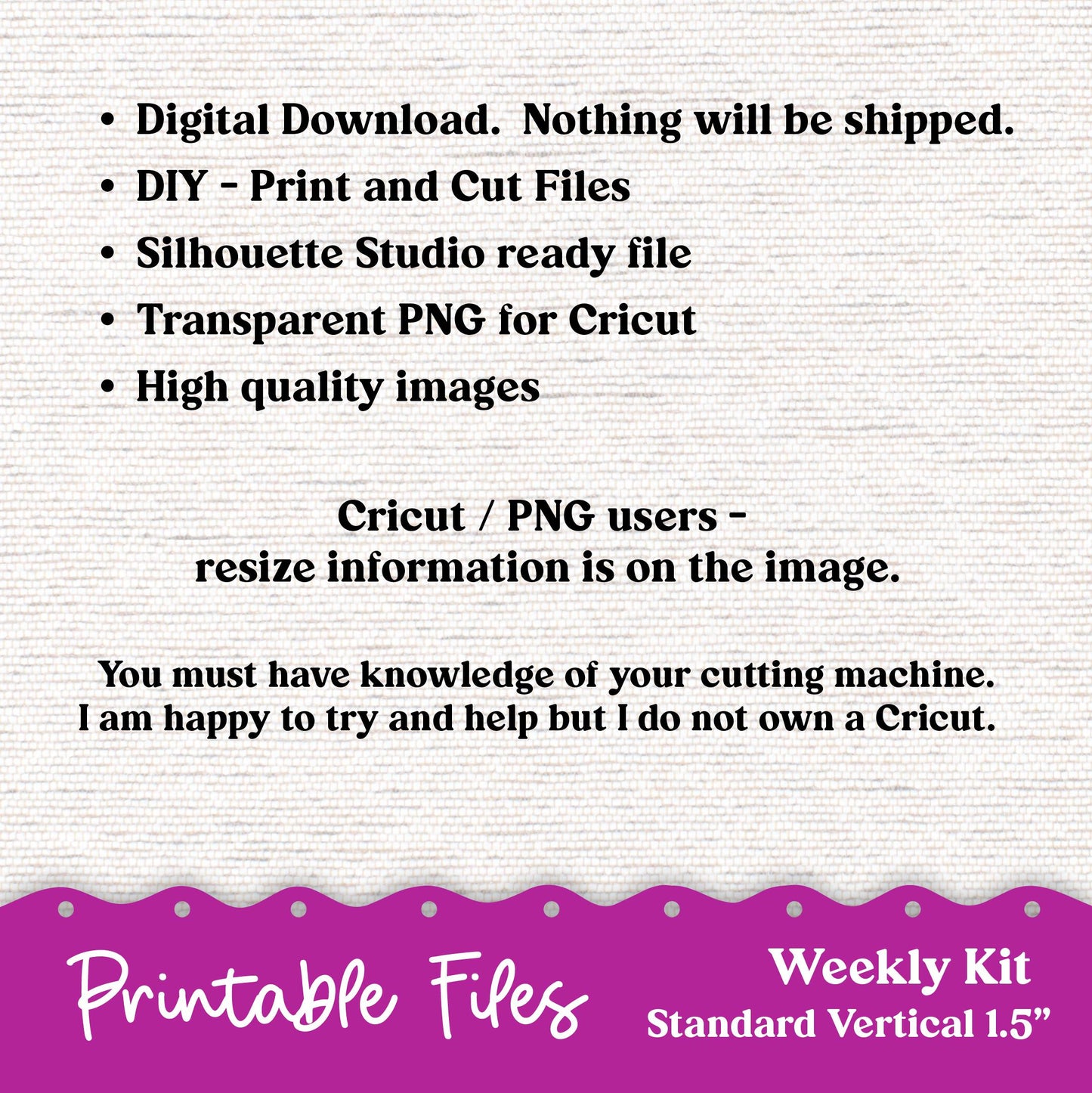 PRINTABLE 7x9 Weekly Vertical Priorities Sticker Kit Plum Paper Silhouette Cricut Transparent PNG Files 240P Outrageous Bright Pink Purple