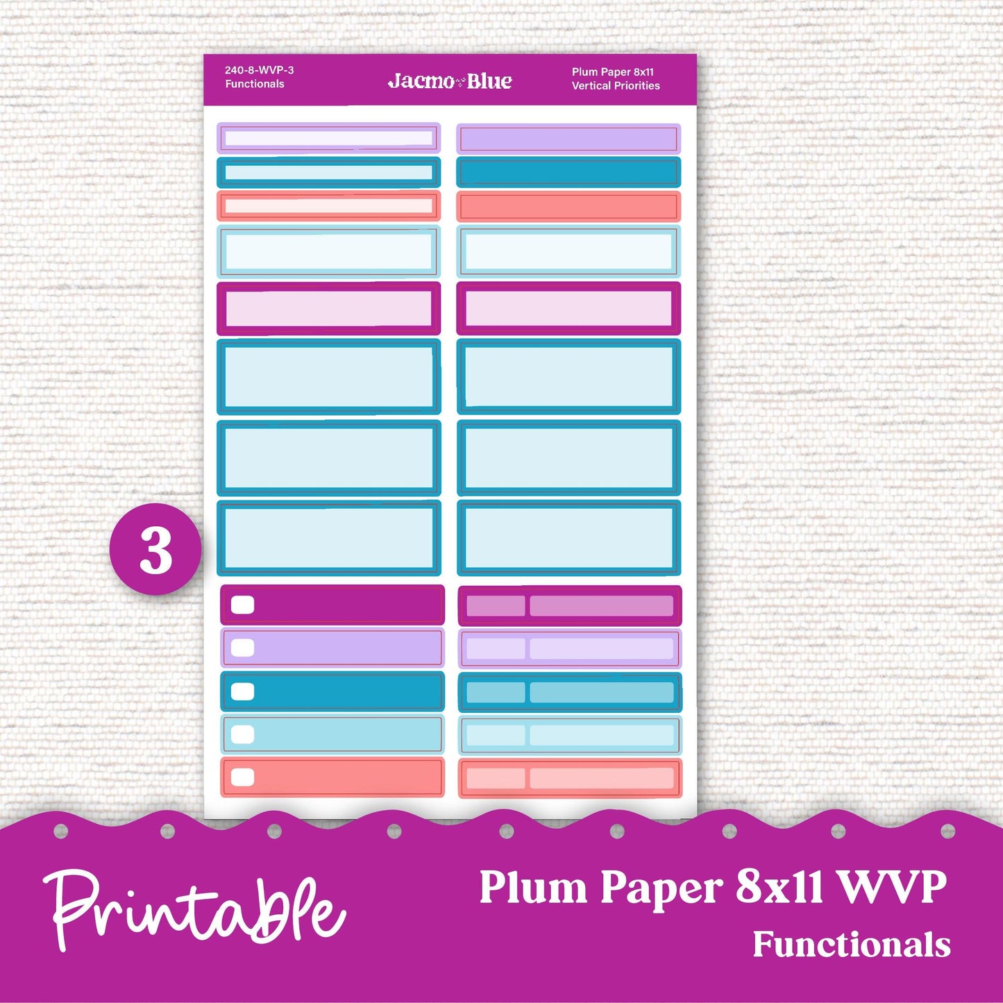 PRINTABLE 8x11 Weekly Vertical Priorities Sticker Kit Plum Paper Silhouette Cricut Transparent PNG Files 240P Outrageous Bright Pink Purple