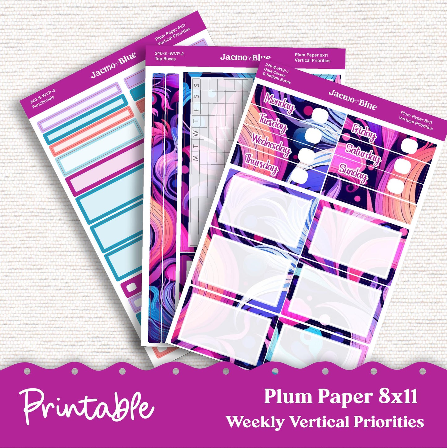 PRINTABLE 8x11 Weekly Vertical Priorities Sticker Kit Plum Paper Silhouette Cricut Transparent PNG Files 240P Outrageous Bright Pink Purple