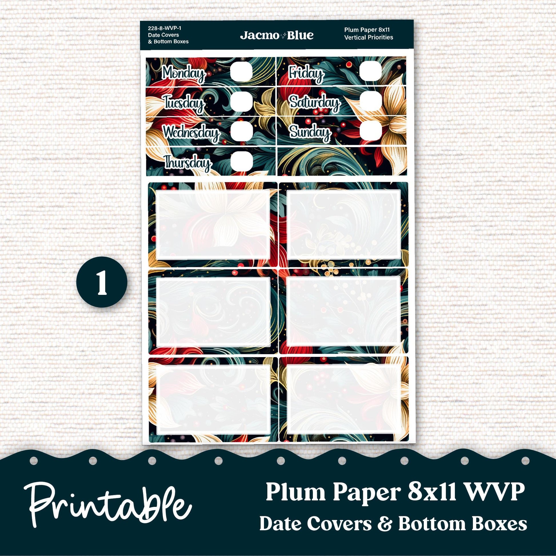 PRINTABLE 8x11 Weekly Vertical Priorities Sticker Kit Plum Paper Silhouette Cricut Transparent PNG Files 228P December Swirls