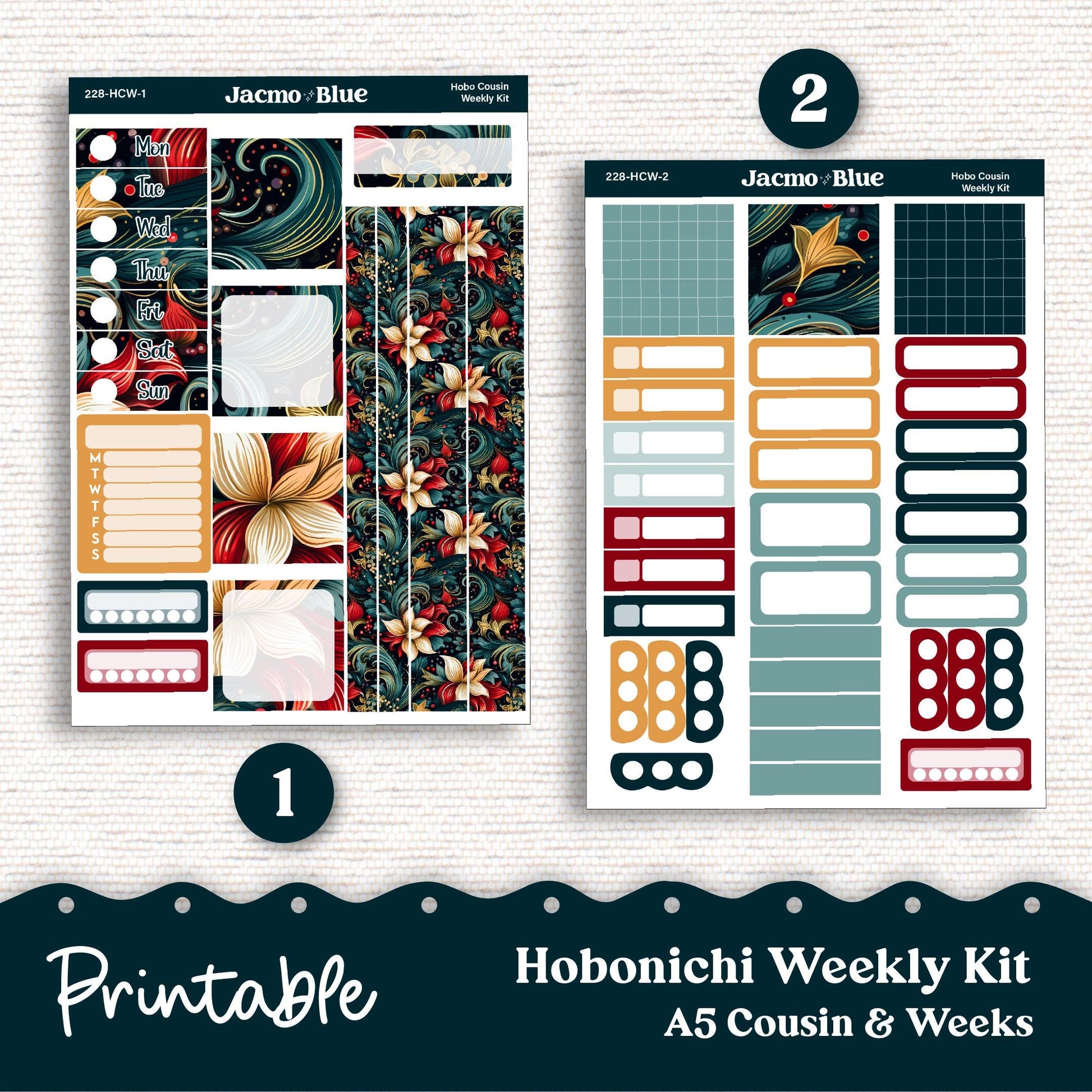 PRINTABLE Hobonichi Cousin & Weeks Weekly Sticker Kit - Silhouette Cricut Transparent PNG Files 228P December Swirls Christmas