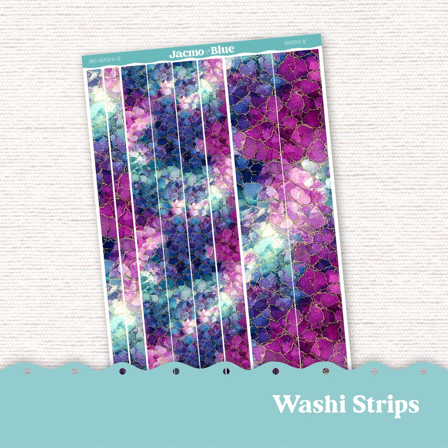 Washi Strips Stickers - 8 Inches Long - Kit 260 Crackle Purple Blue Pink