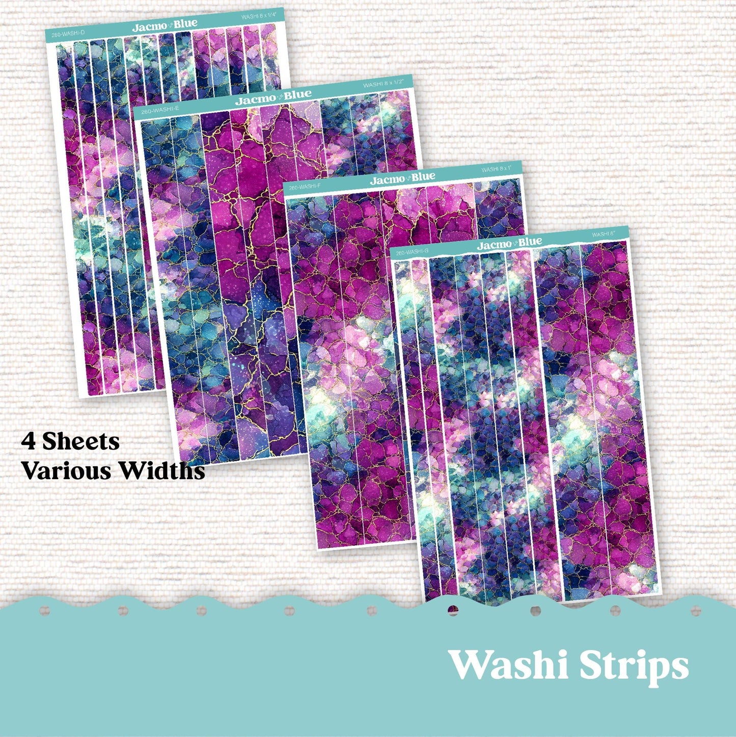 Washi Strips Stickers - 8 Inches Long - Kit 260 Crackle Purple Blue Pink
