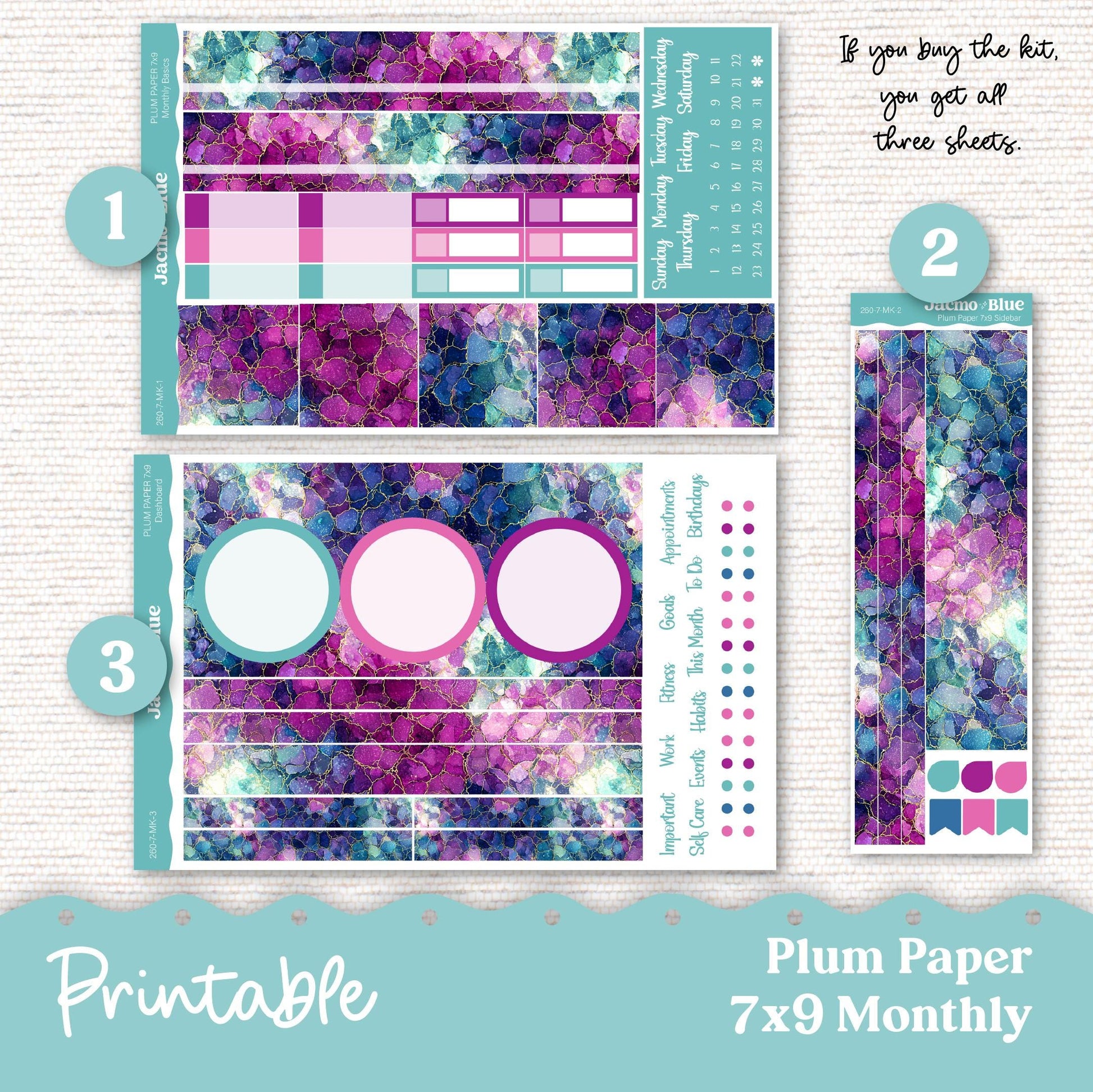 Plum Paper Planner PRINTABLE Monthly Stickers 8x11 7x9 A5 Print and Cut - Cricut Silhouette - 260P Crackle