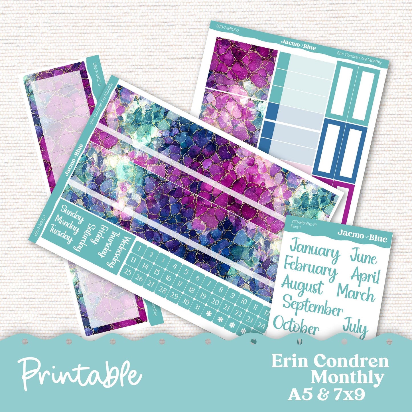 PRINTABLE Monthly Planner Stickers for Erin Condren 7x9 and A5 - Print and Cut Silhouette and Cricut - 260P Crackle