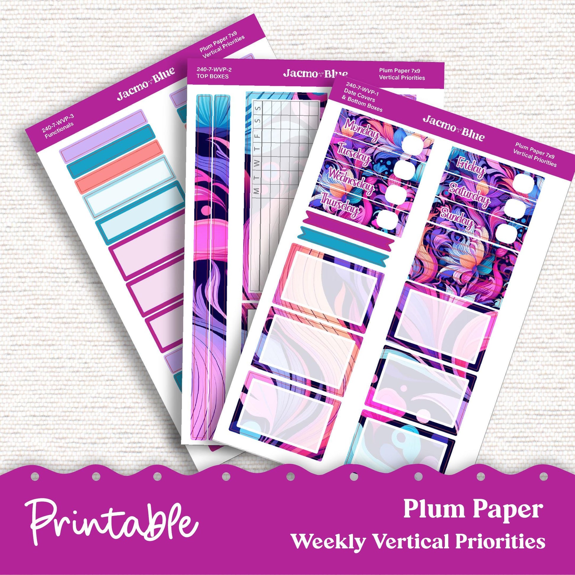 PRINTABLE 7x9 Weekly Vertical Priorities Sticker Kit Plum Paper Silhouette Cricut Transparent PNG Files 240P Outrageous Bright Pink Purple