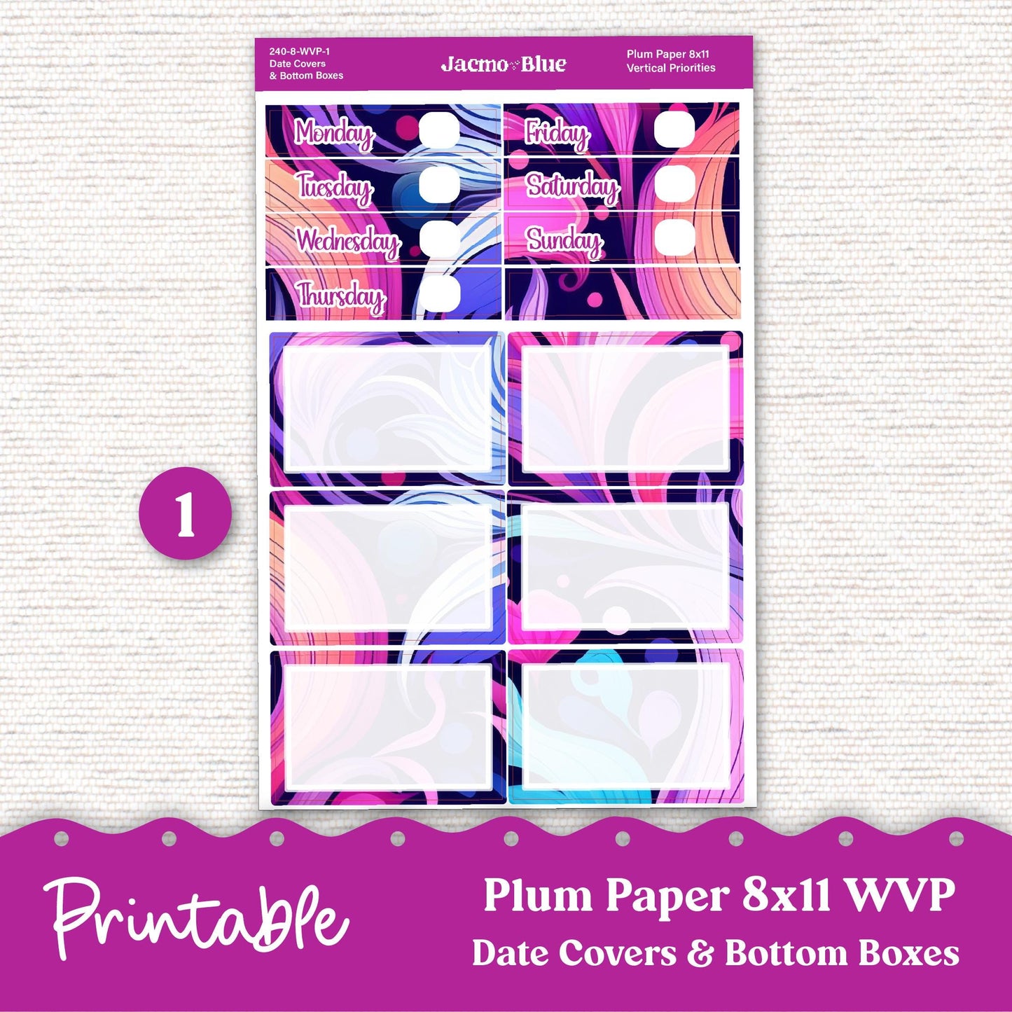 PRINTABLE 8x11 Weekly Vertical Priorities Sticker Kit Plum Paper Silhouette Cricut Transparent PNG Files 240P Outrageous Bright Pink Purple