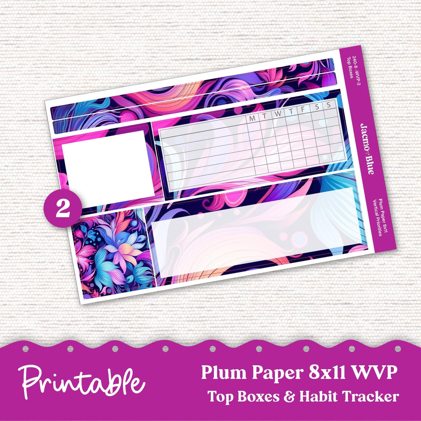 PRINTABLE 8x11 Weekly Vertical Priorities Sticker Kit Plum Paper Silhouette Cricut Transparent PNG Files 240P Outrageous Bright Pink Purple