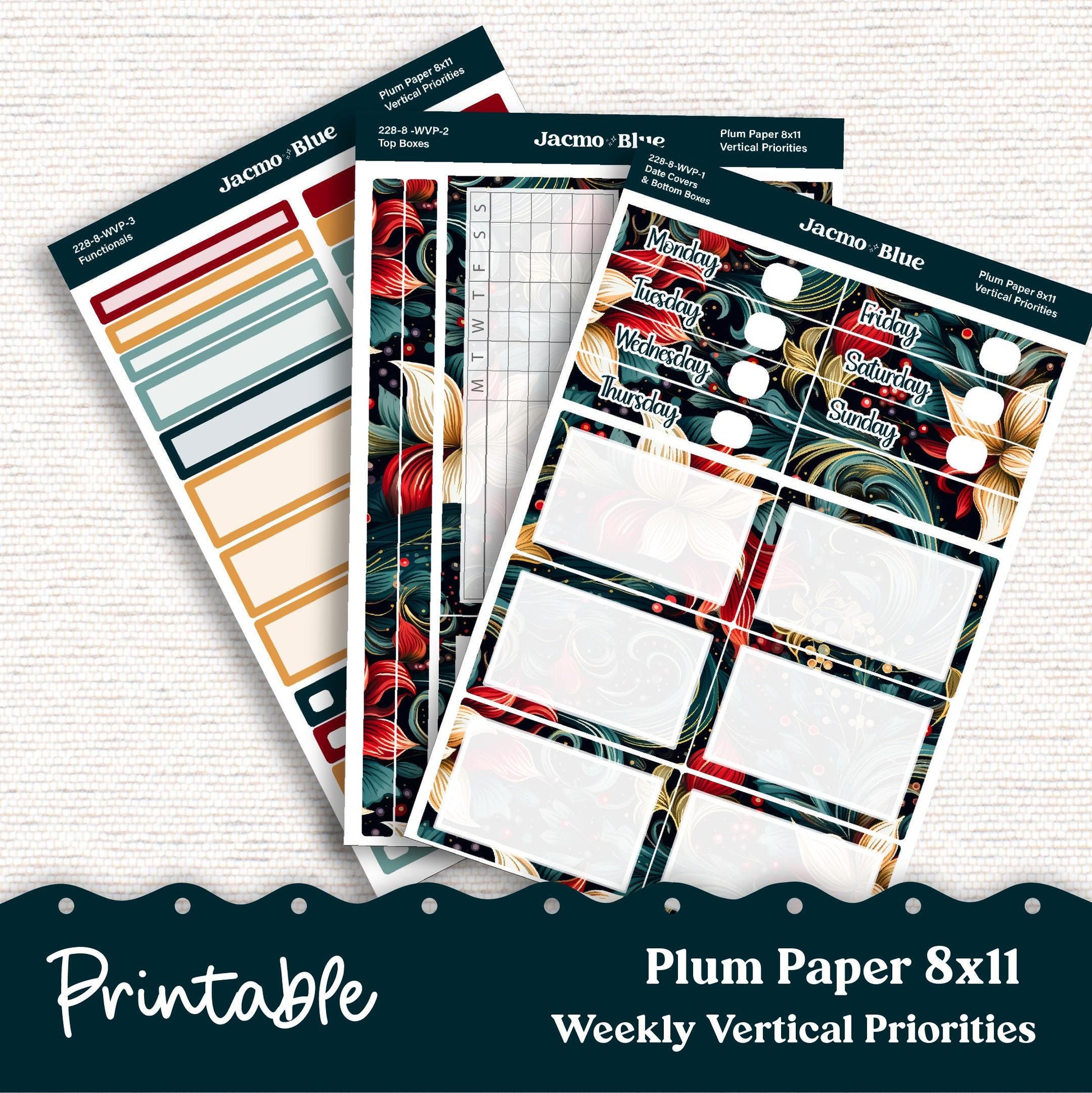 PRINTABLE 8x11 Weekly Vertical Priorities Sticker Kit Plum Paper Silhouette Cricut Transparent PNG Files 228P December Swirls