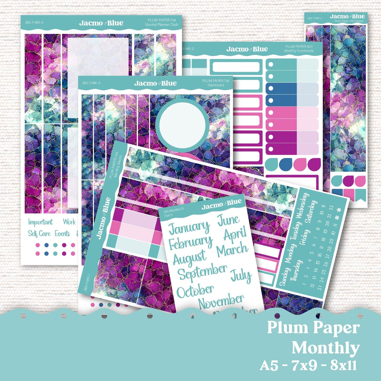 Plum Paper Monthly Sticker Kit for 8x11 7x9 A5 Planners Stickers - Kit 260 Crackle