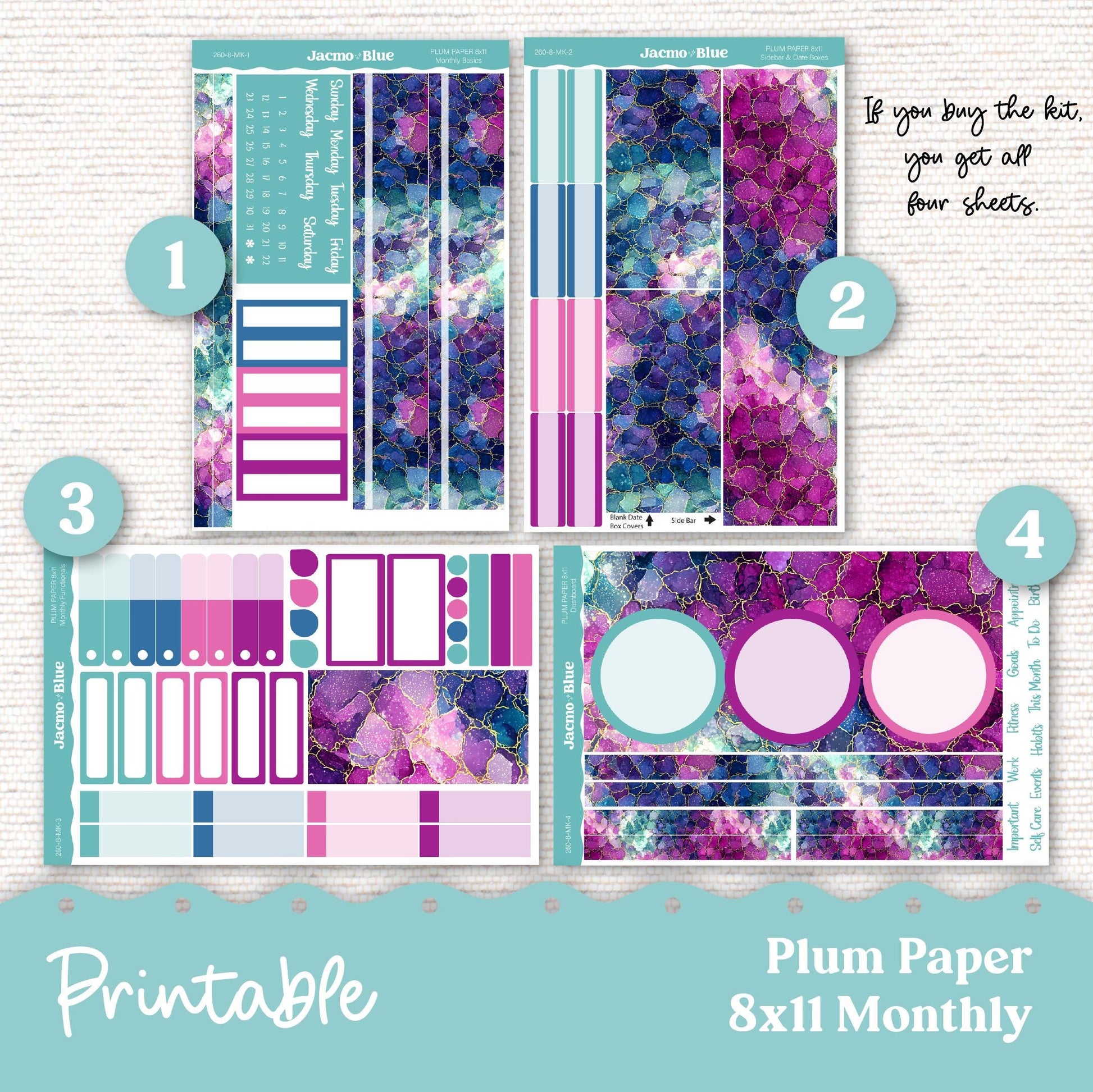 Plum Paper Planner PRINTABLE Monthly Stickers 8x11 7x9 A5 Print and Cut - Cricut Silhouette - 260P Crackle