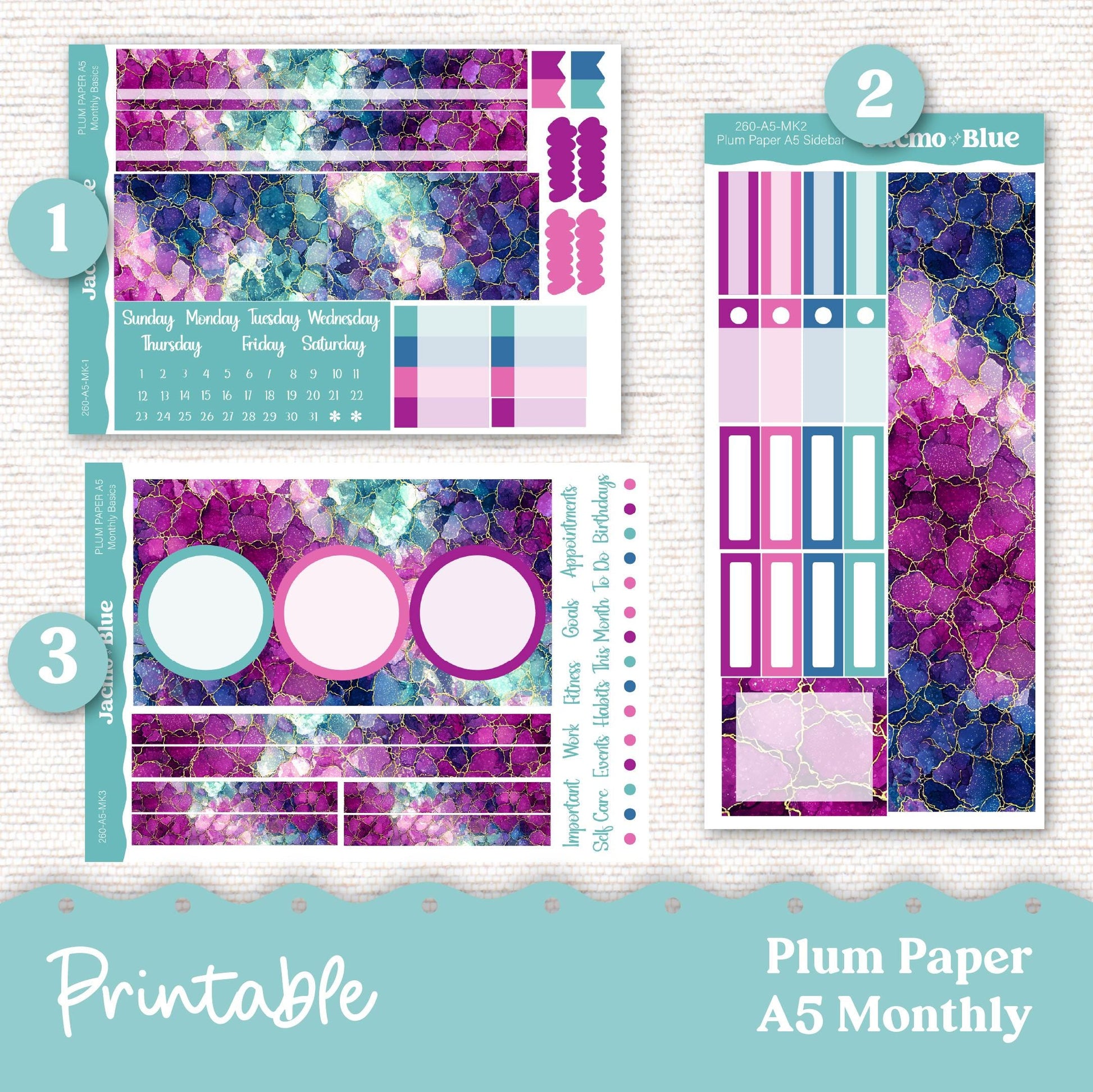Plum Paper Planner PRINTABLE Monthly Stickers 8x11 7x9 A5 Print and Cut - Cricut Silhouette - 260P Crackle