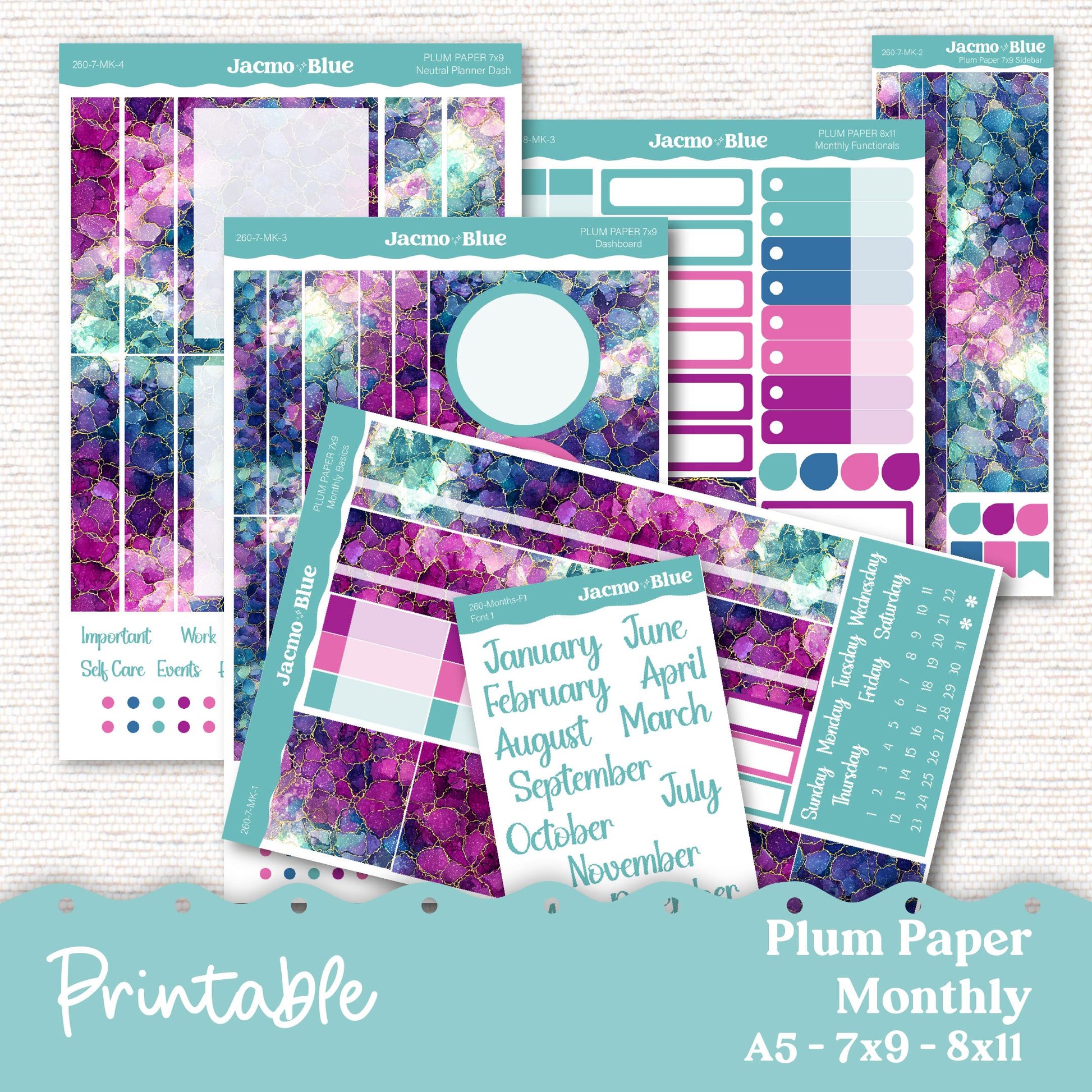 Plum Paper Planner PRINTABLE Monthly Stickers 8x11 7x9 A5 Print and Cut - Cricut Silhouette - 260P Crackle