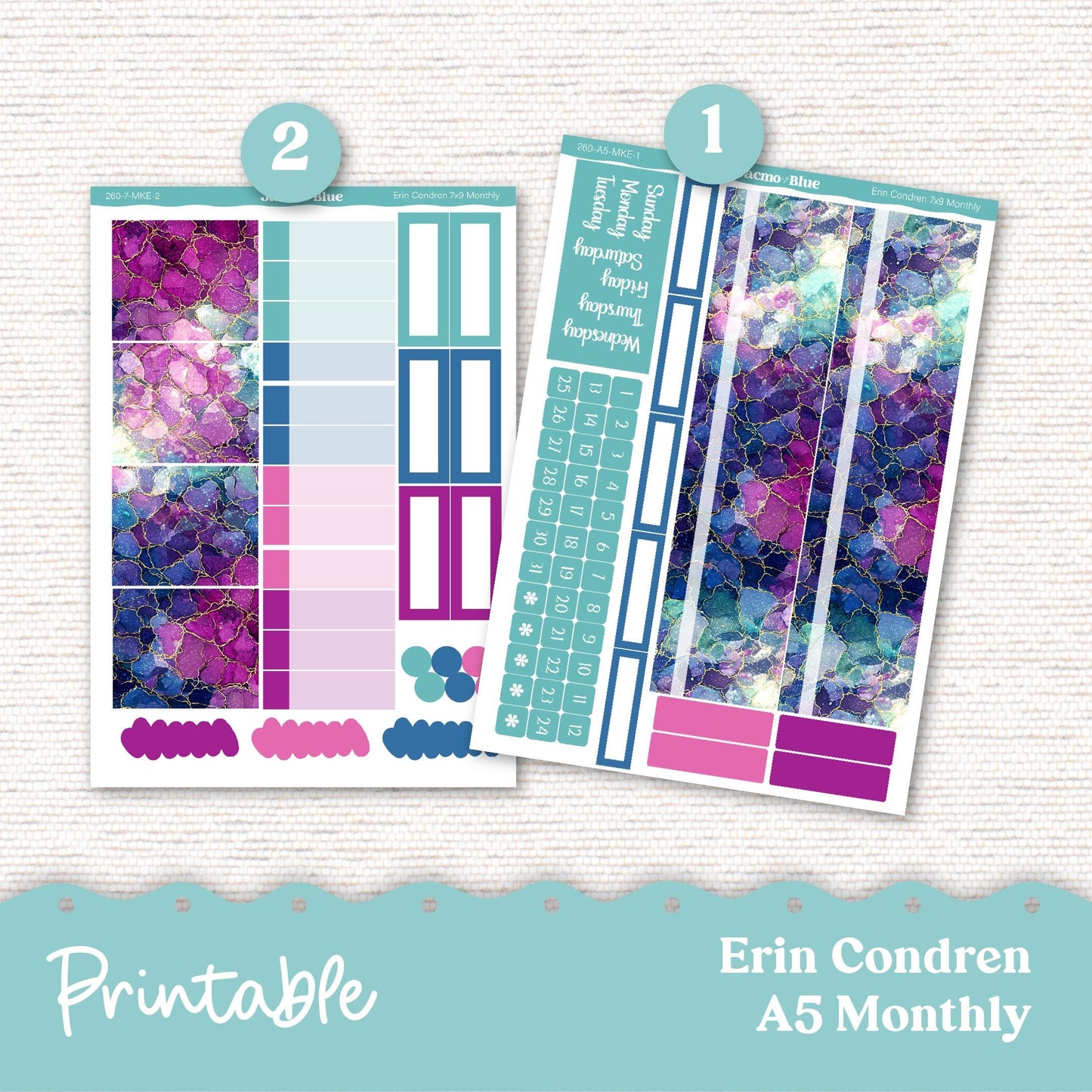 PRINTABLE Monthly Planner Stickers for Erin Condren 7x9 and A5 - Print and Cut Silhouette and Cricut - 260P Crackle