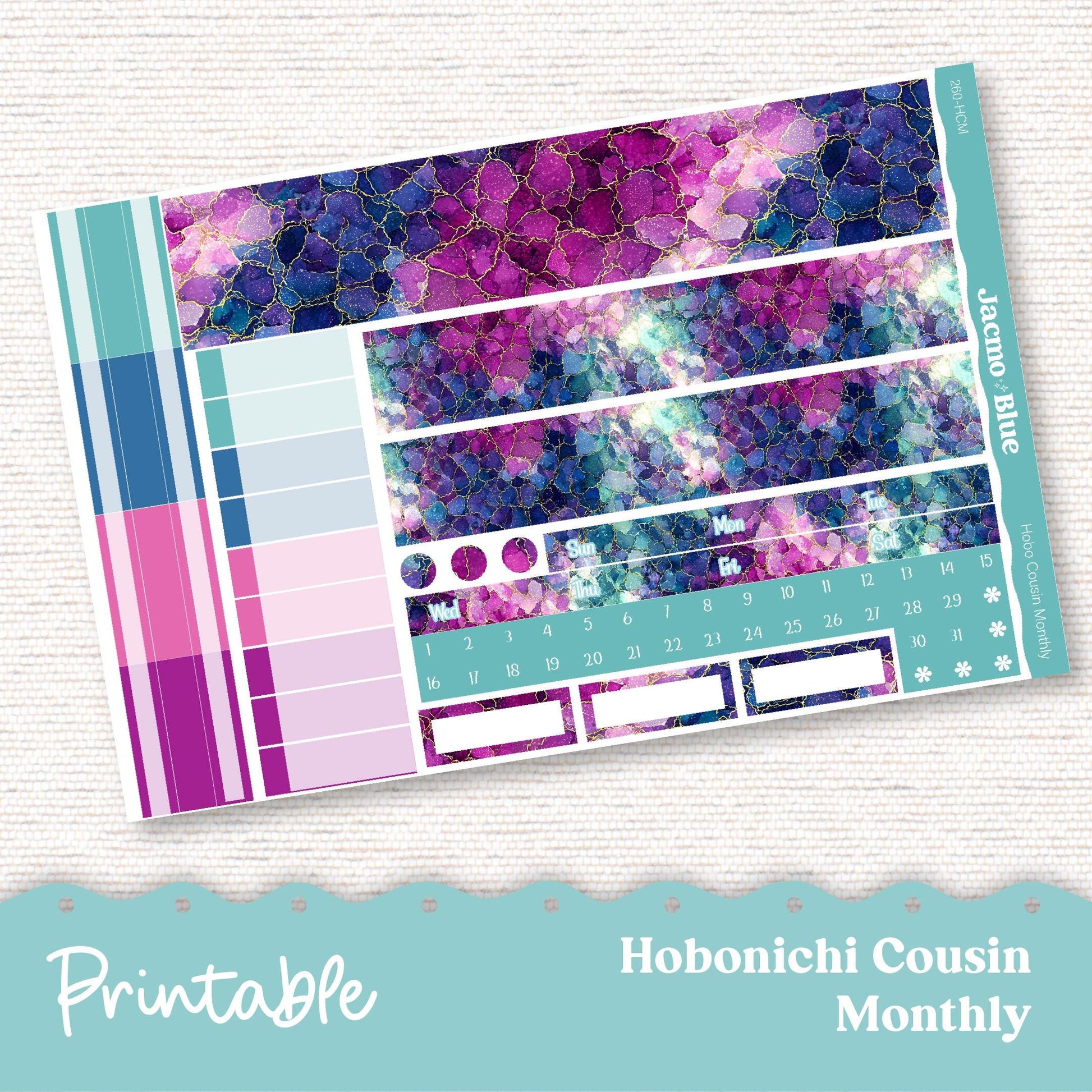 Hobonichi PRINTABLE Monthly Planner Stickers for Hobo Cousin A5 - Print and Cut Silhouette and Cricut - 260P Crackle