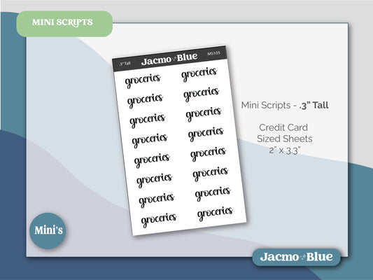 GROCERIES Stickers for Planners - Mini Scripts .3" tall Hobonichi Cousin Weeks Small Text Labels
