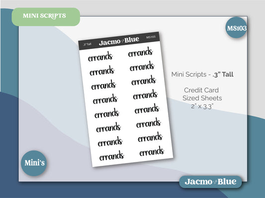 ERRANDS Stickers for Planners - Mini Scripts .3" tall Hobonichi Cousin Weeks Small Text Labels