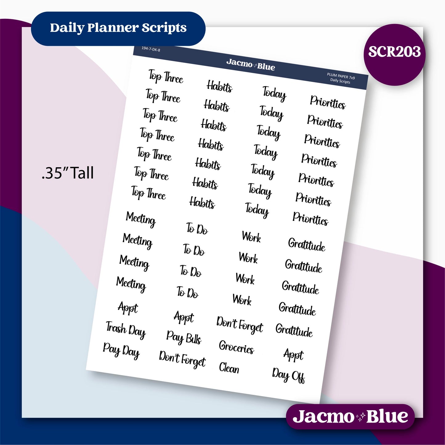 Daily Planner Script Stickers Headers List Titles SCR203 .35" Tall Font 1