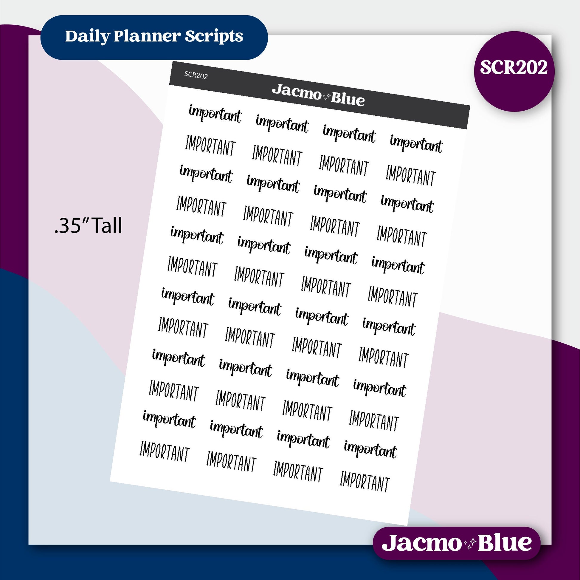 IMPORTANT Planner Script Stickers Headers List Titles SCR202 .35" Tall Font 1