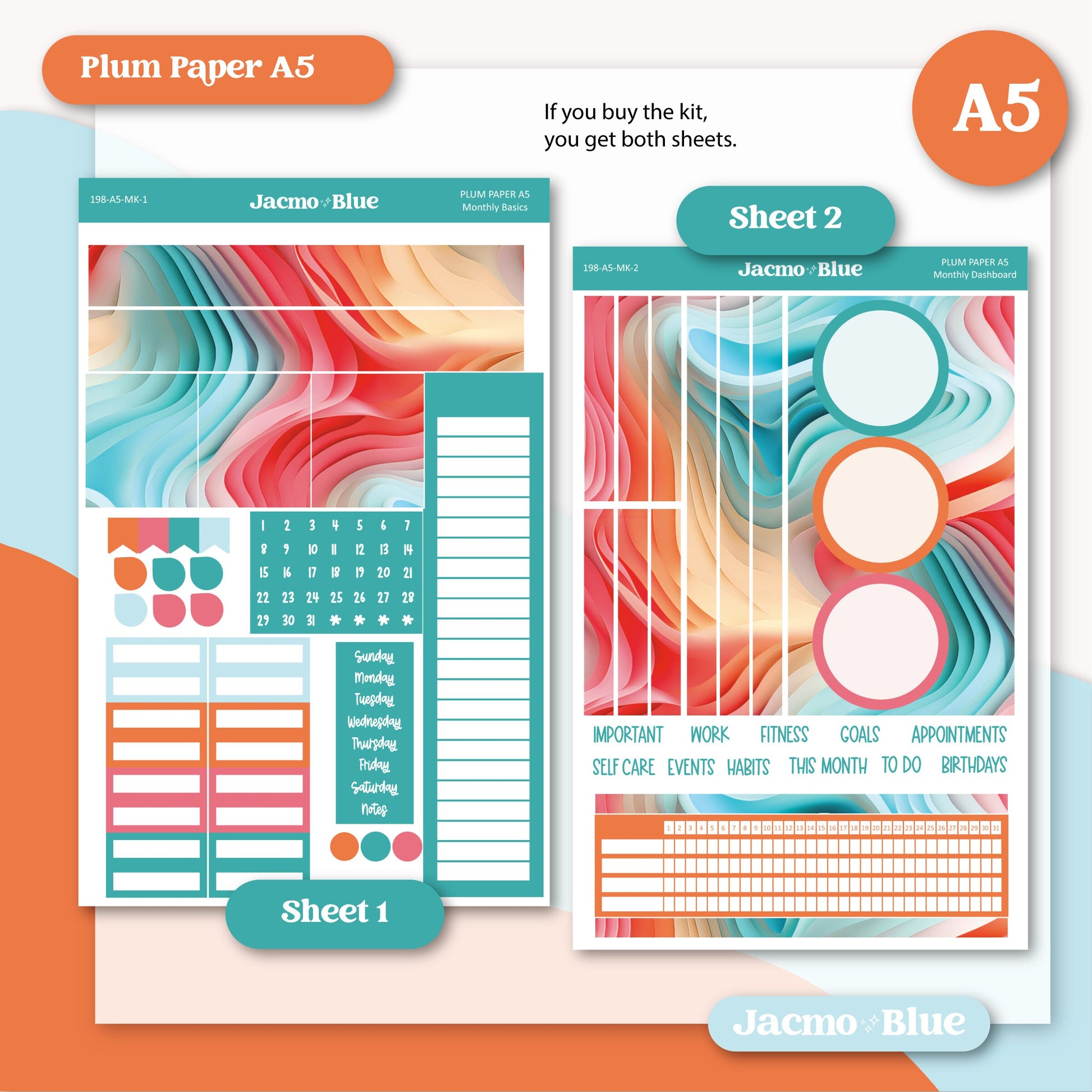 Plum Paper Monthly Sticker Kit for 8x11 7x9 A5 Planners - Kit 198 Sherbert Swirl