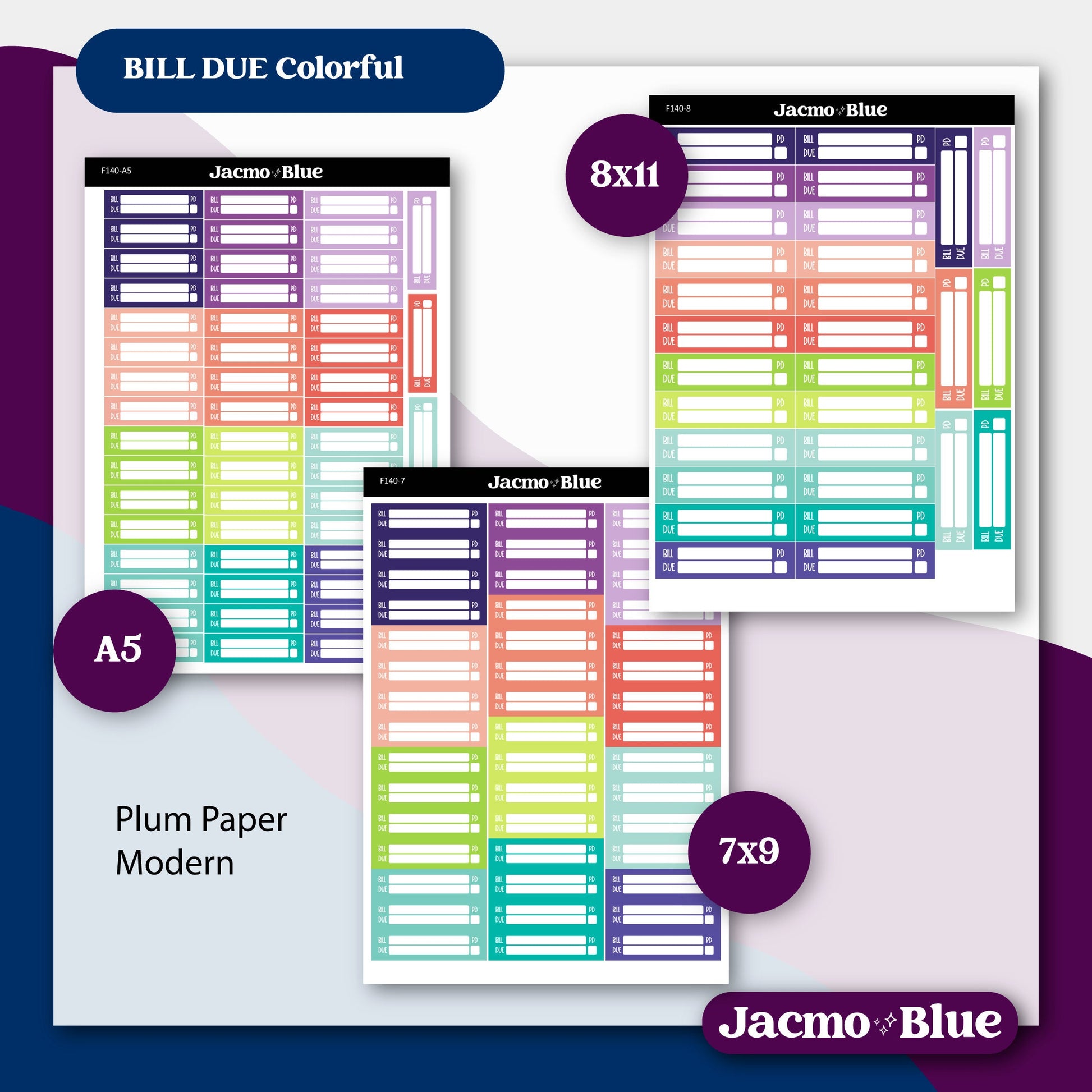 Bill Due Planner Stickers for Plum Paper ECLP Makse Erin Condren Happy Planner Stickers A5 7x9 8x11 - Four color schemes