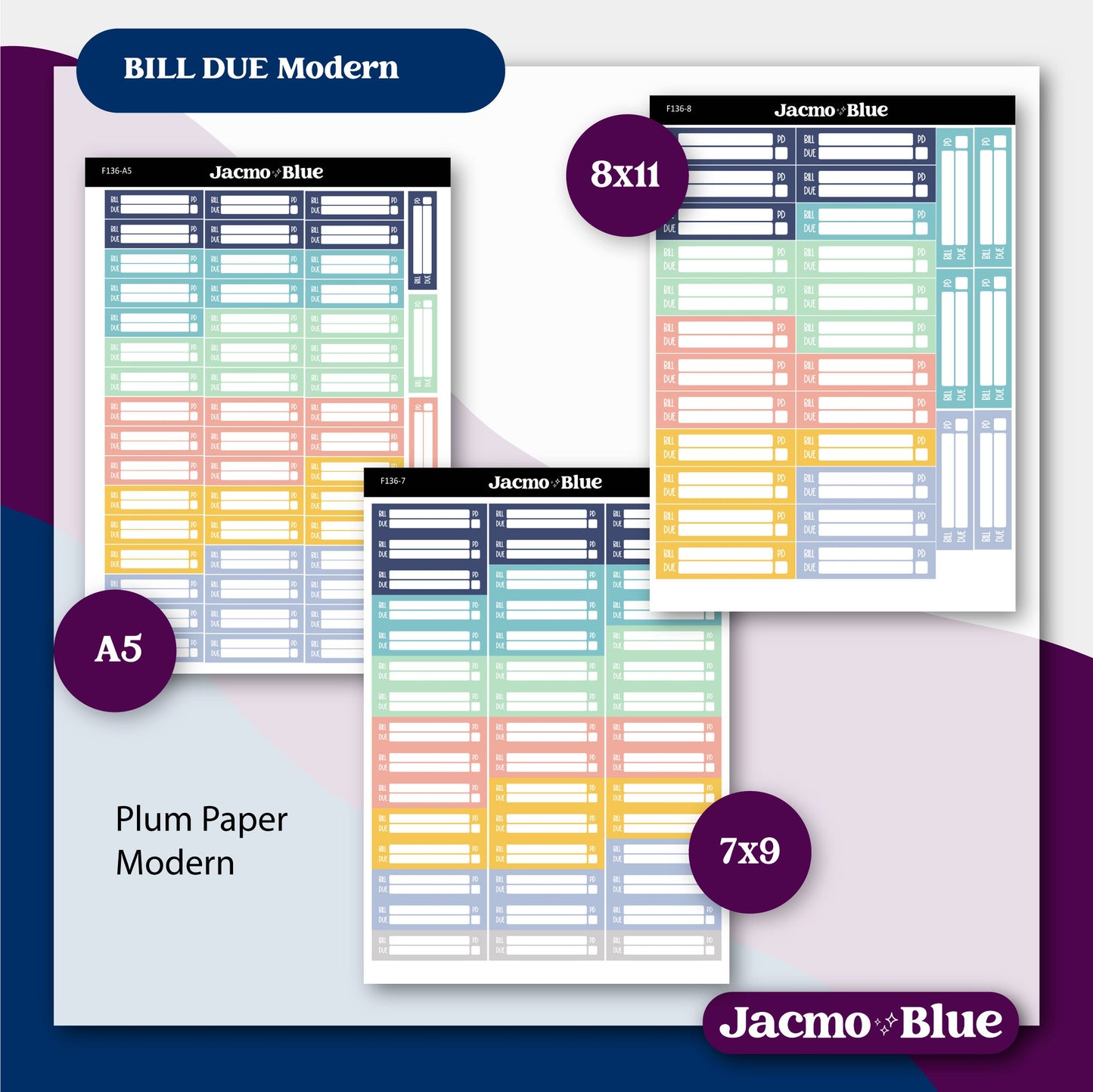 Bill Due Planner Stickers for Plum Paper ECLP Makse Erin Condren Happy Planner Stickers A5 7x9 8x11 - Four color schemes