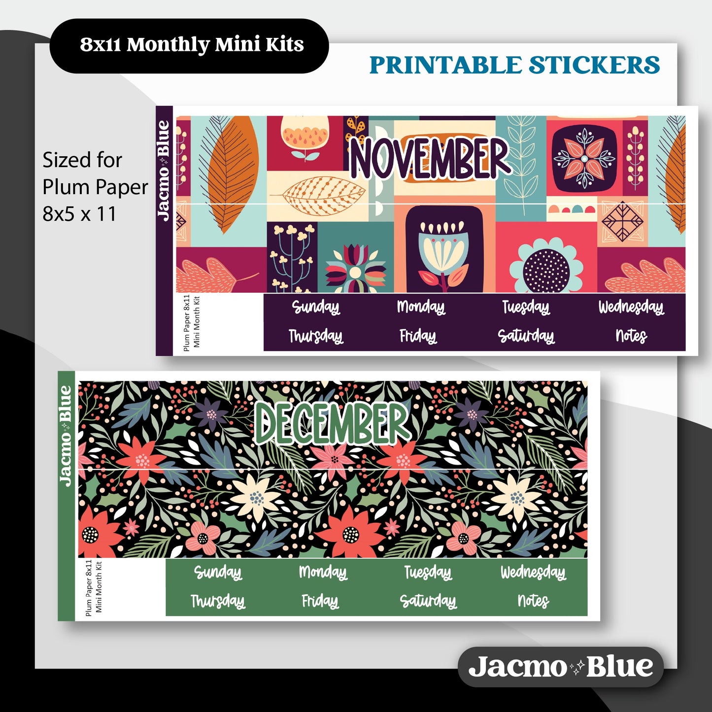 PRINTABLE 8x11 Monthly Stickers Mini Kits Plum Paper Planner Print and Cut