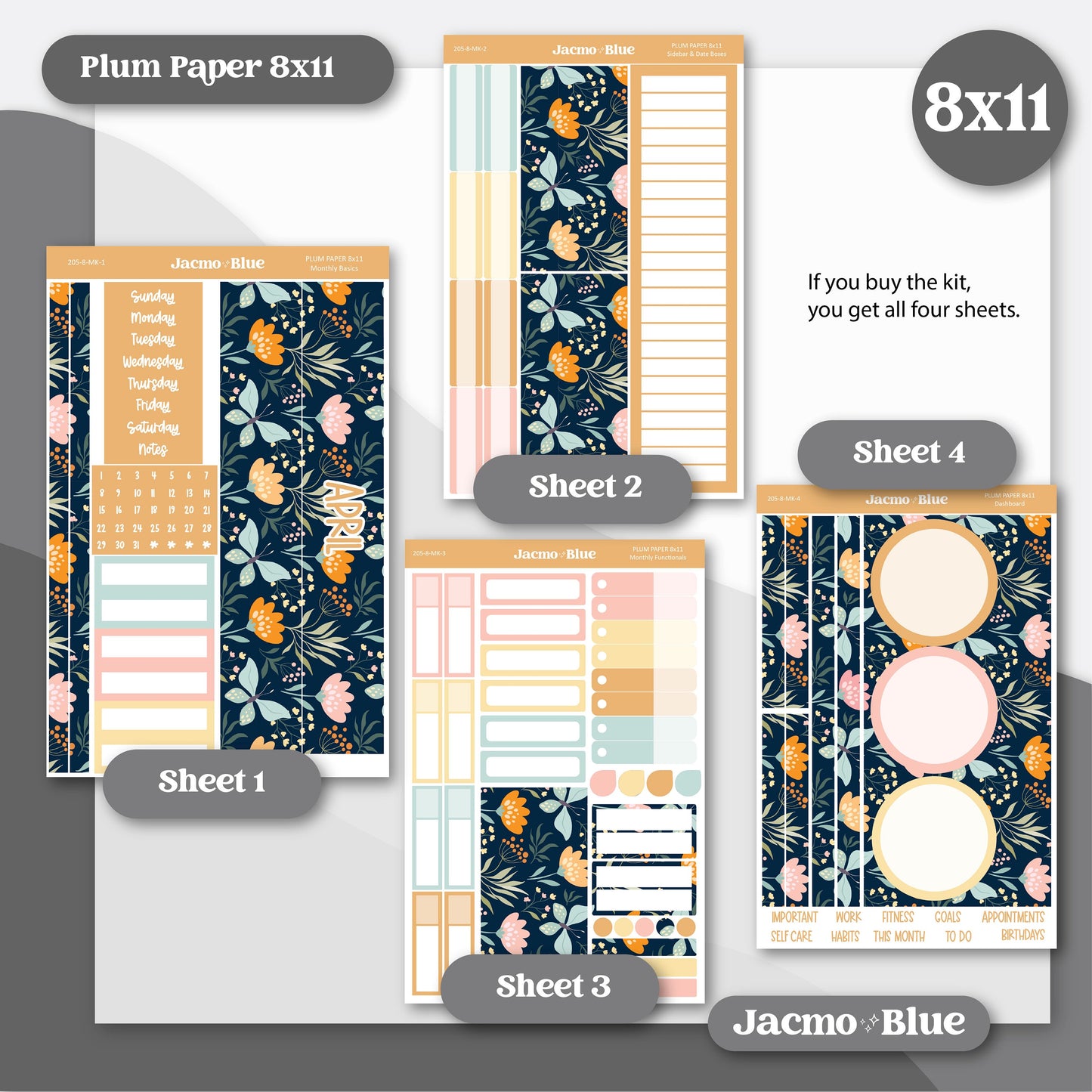 April Plum Paper Monthly Sticker Kit for 8x11 7x9 A5 Planners - Kit 205 April Planner Stickers