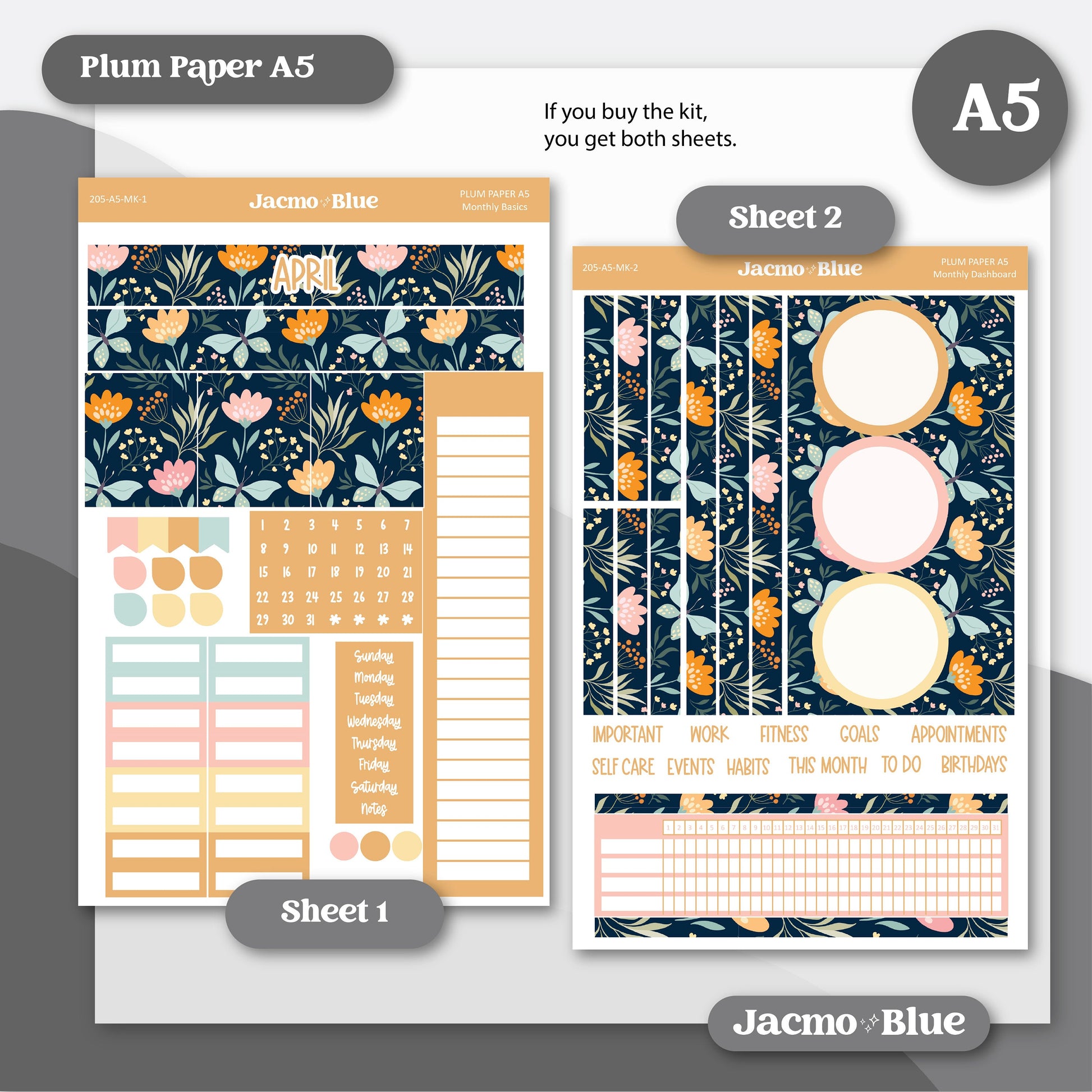 April Plum Paper Monthly Sticker Kit for 8x11 7x9 A5 Planners - Kit 205 April Planner Stickers