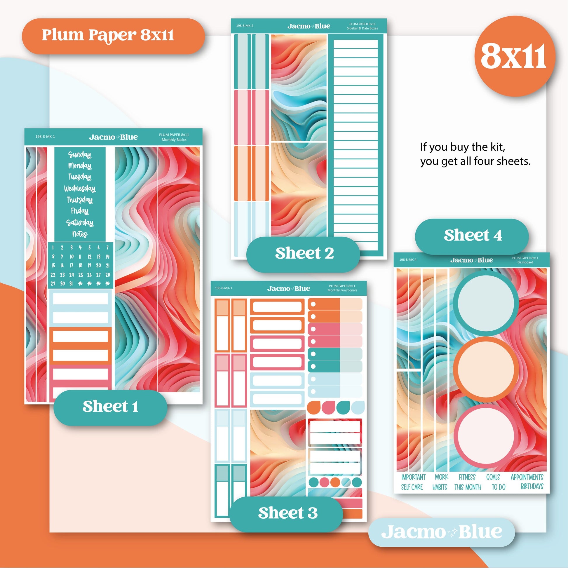 Plum Paper Monthly Sticker Kit for 8x11 7x9 A5 Planners - Kit 198 Sherbert Swirl