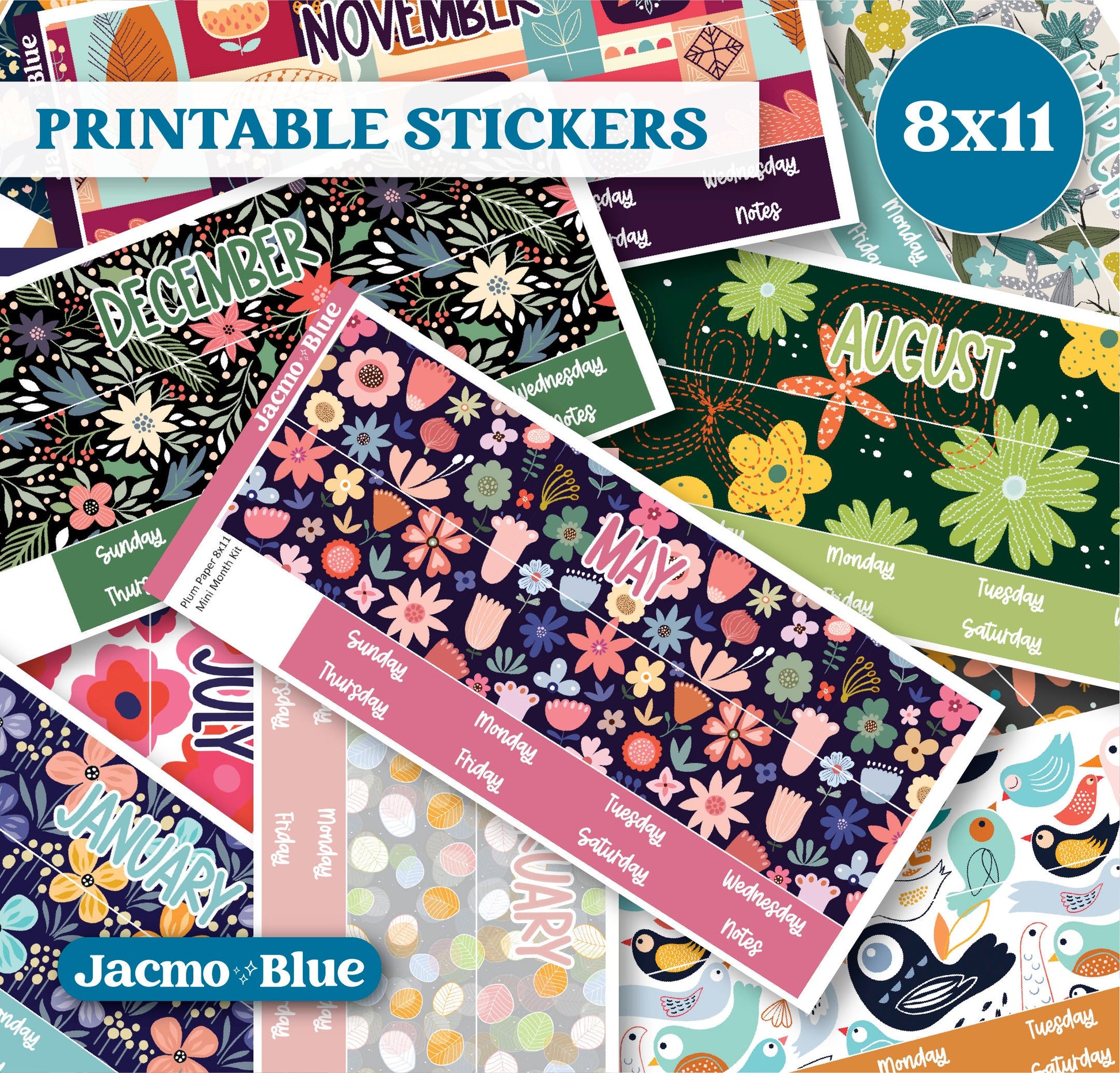 PRINTABLE 8x11 Monthly Stickers Mini Kits Plum Paper Planner Print and Cut