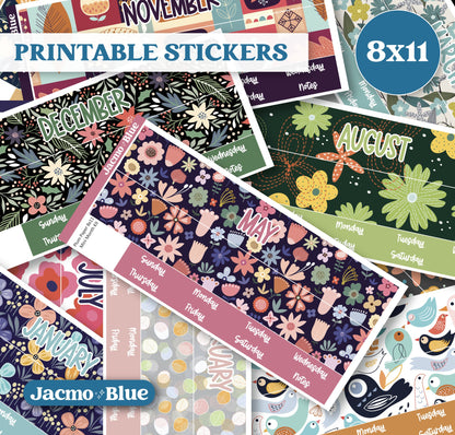 PRINTABLE 8x11 Monthly Stickers Mini Kits Plum Paper Planner Print and Cut