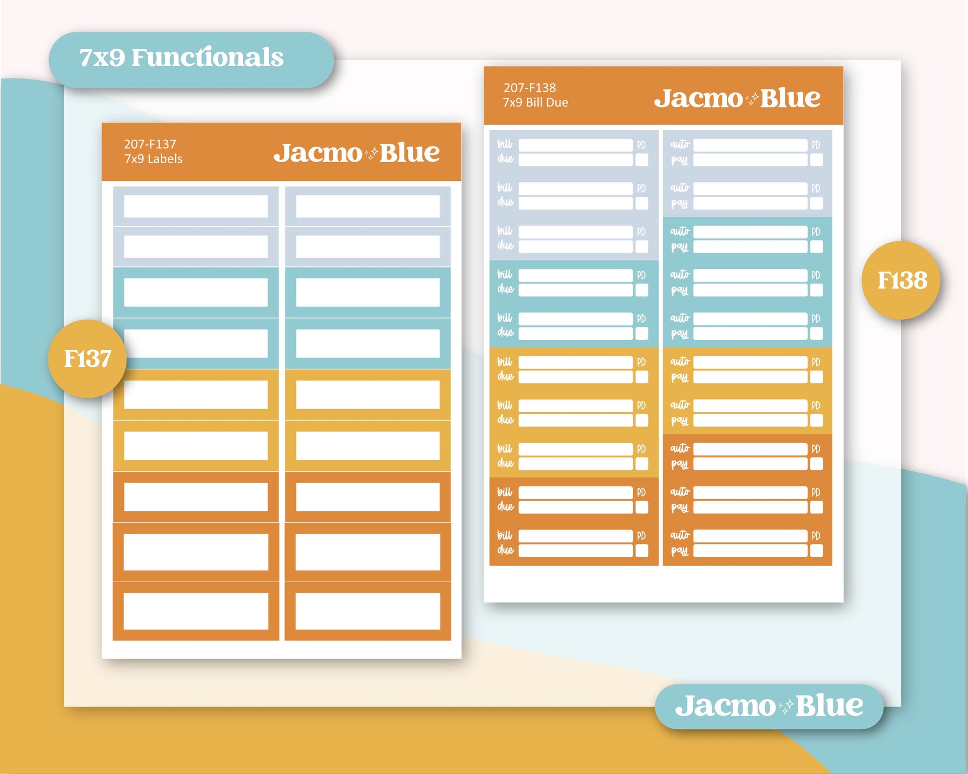 a blue and orange planner sticker on a white background