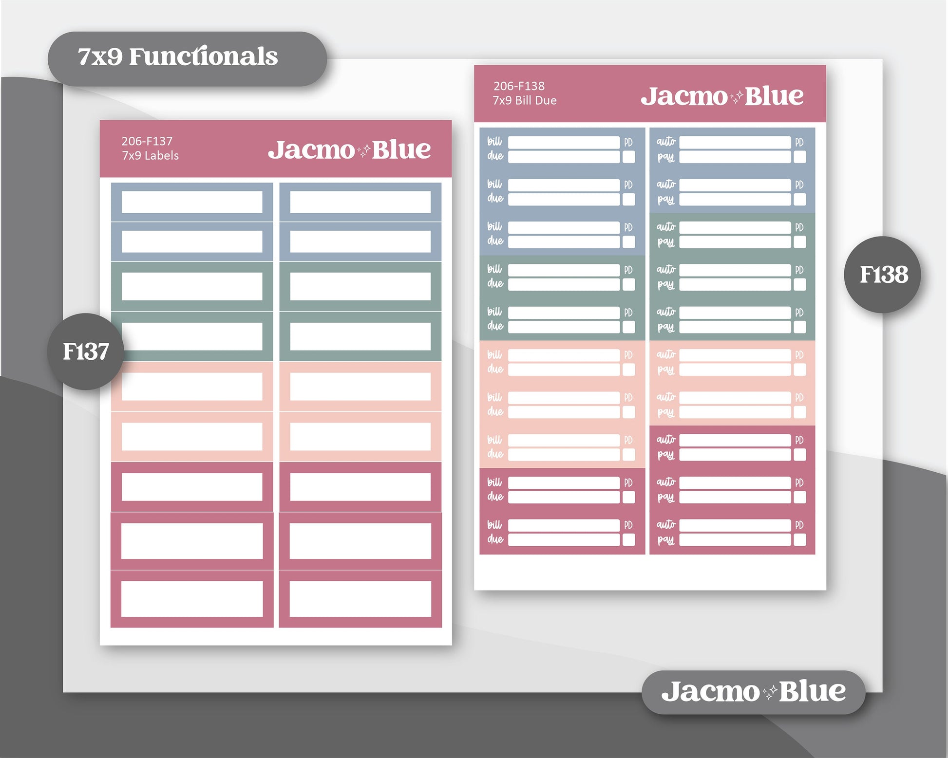 a set of three planner pages with different colors