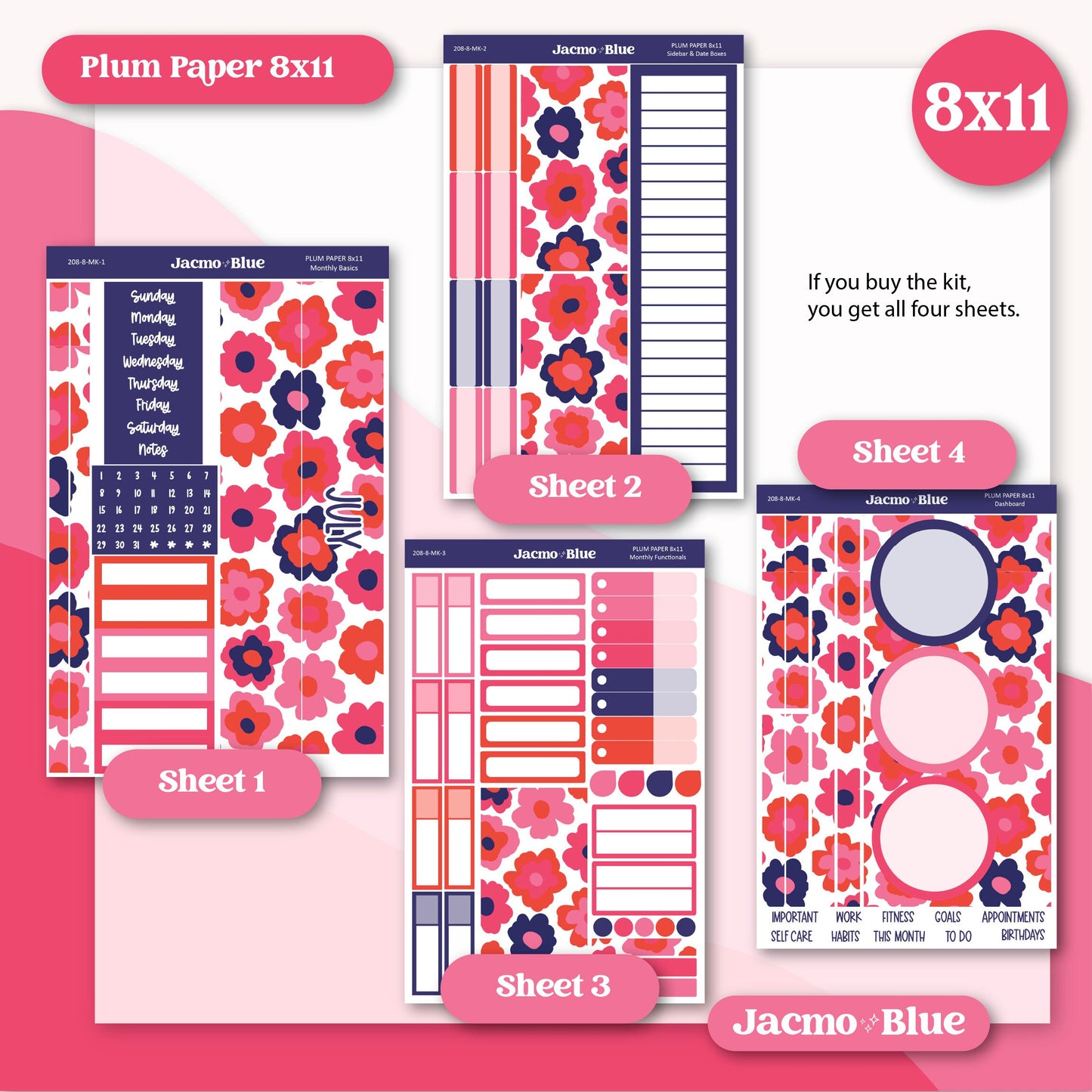 July Plum Paper Monthly Sticker Kit for 8x11 7x9 A5 Planners - Kit 208 July Planner Stickers