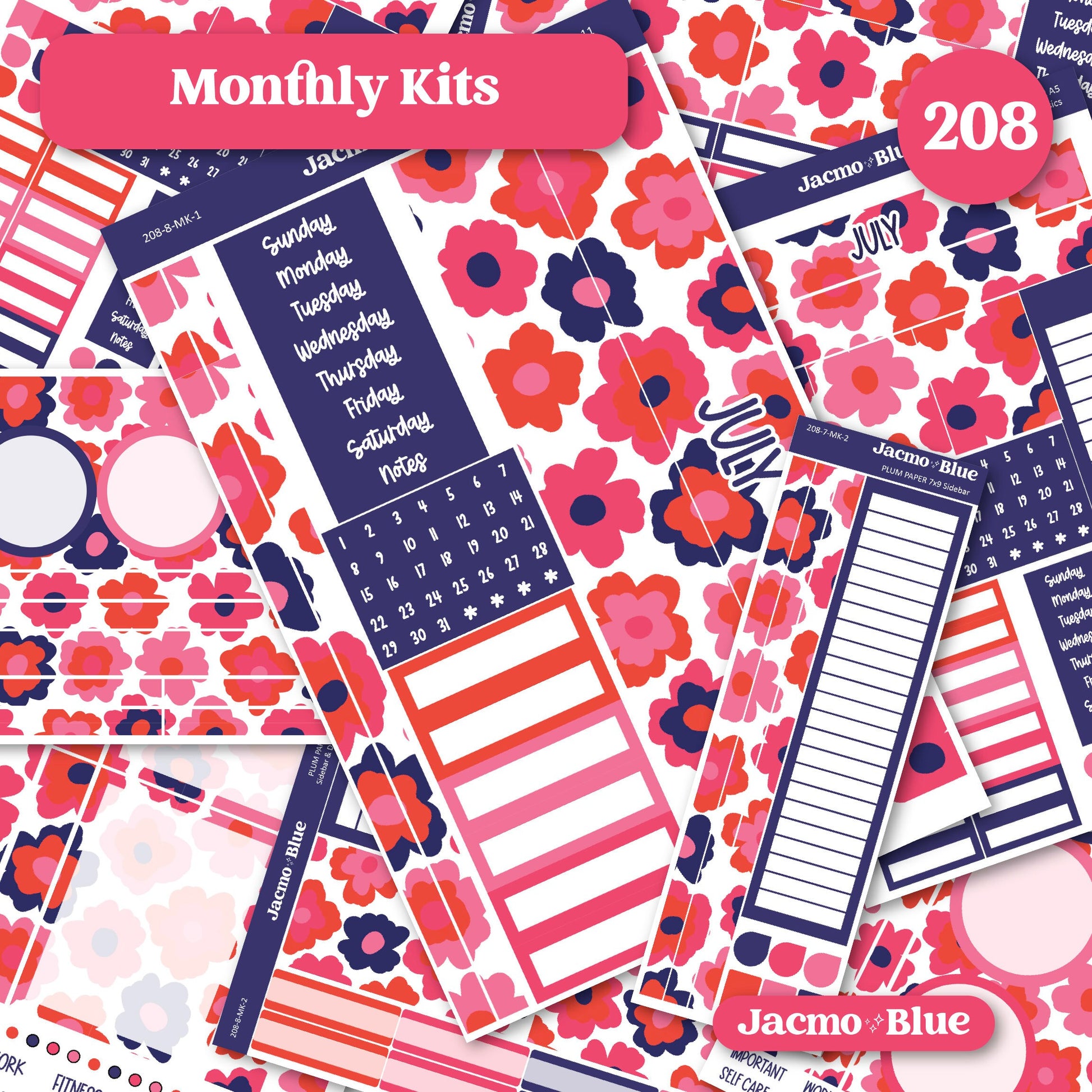 July Plum Paper Monthly Sticker Kit for 8x11 7x9 A5 Planners - Kit 208 July Planner Stickers