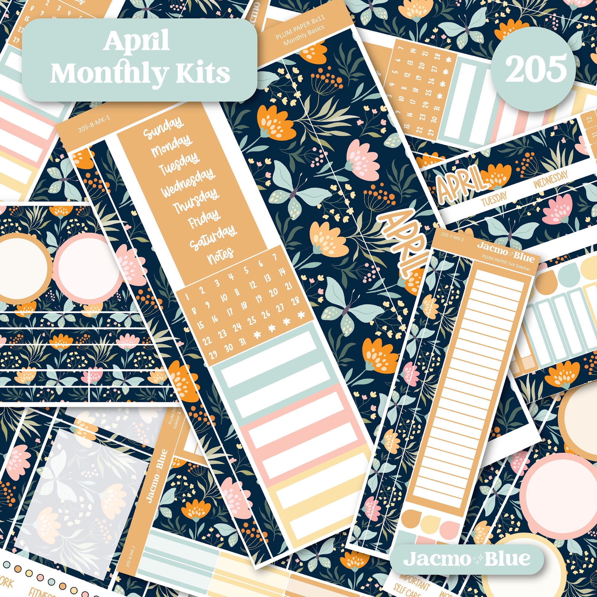 April Plum Paper Monthly Sticker Kit for 8x11 7x9 A5 Planners - Kit 205 April Planner Stickers