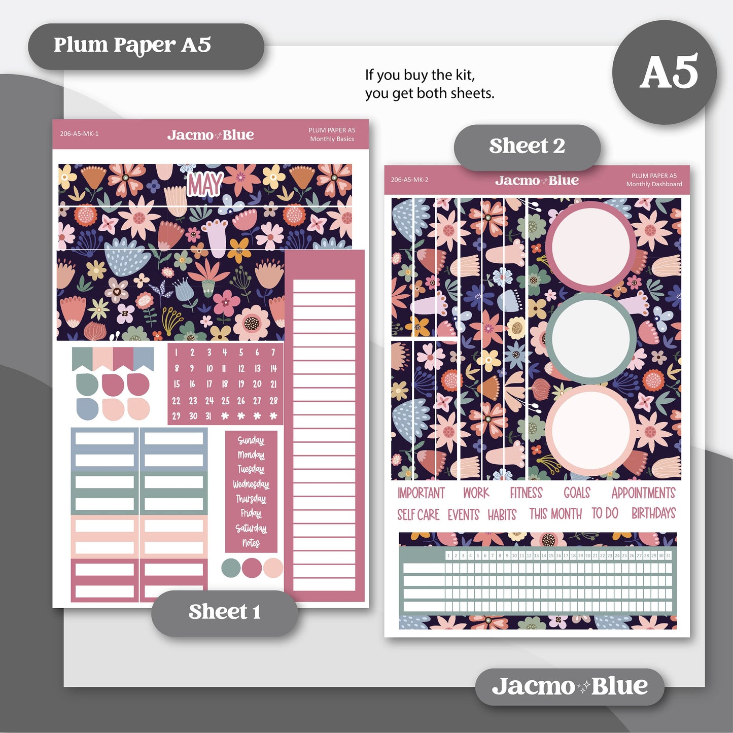 May Plum Paper Monthly Sticker Kit for 8x11 7x9 A5 Planners - Kit 206 May Planner Stickers