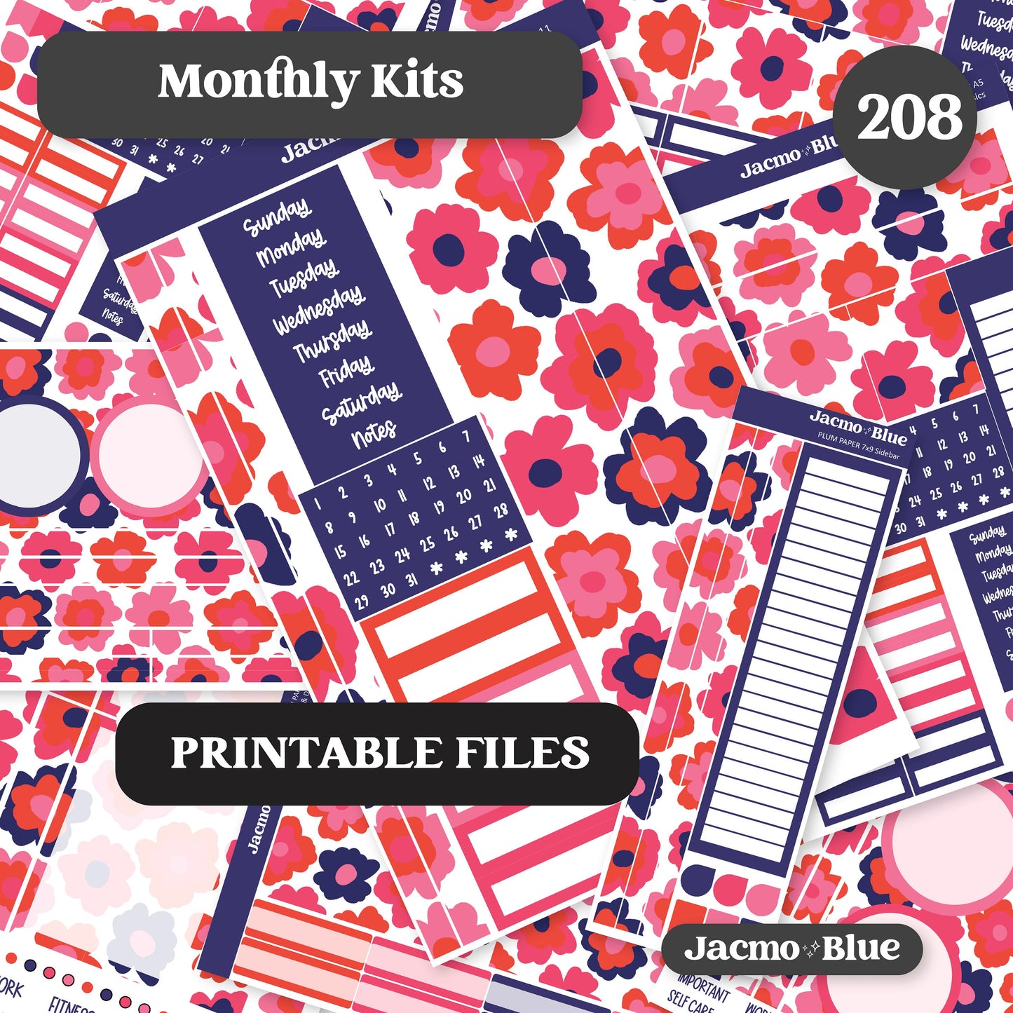 PRINTABLE Plum Paper Planner Monthly Stickers Spring 8x11 7x9 A5 Print and Cut - Kit 208 Includes Bill Due Auto Pay and Months