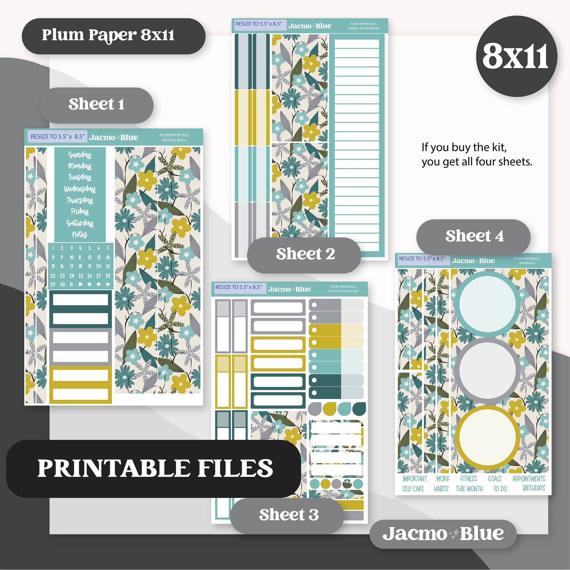 PRINTABLE Plum Paper Planner Monthly Stickers Spring 8x11 7x9 A5 Print and Cut - Kit 204 Includes Bill Due Auto Pay and Months Green Spring