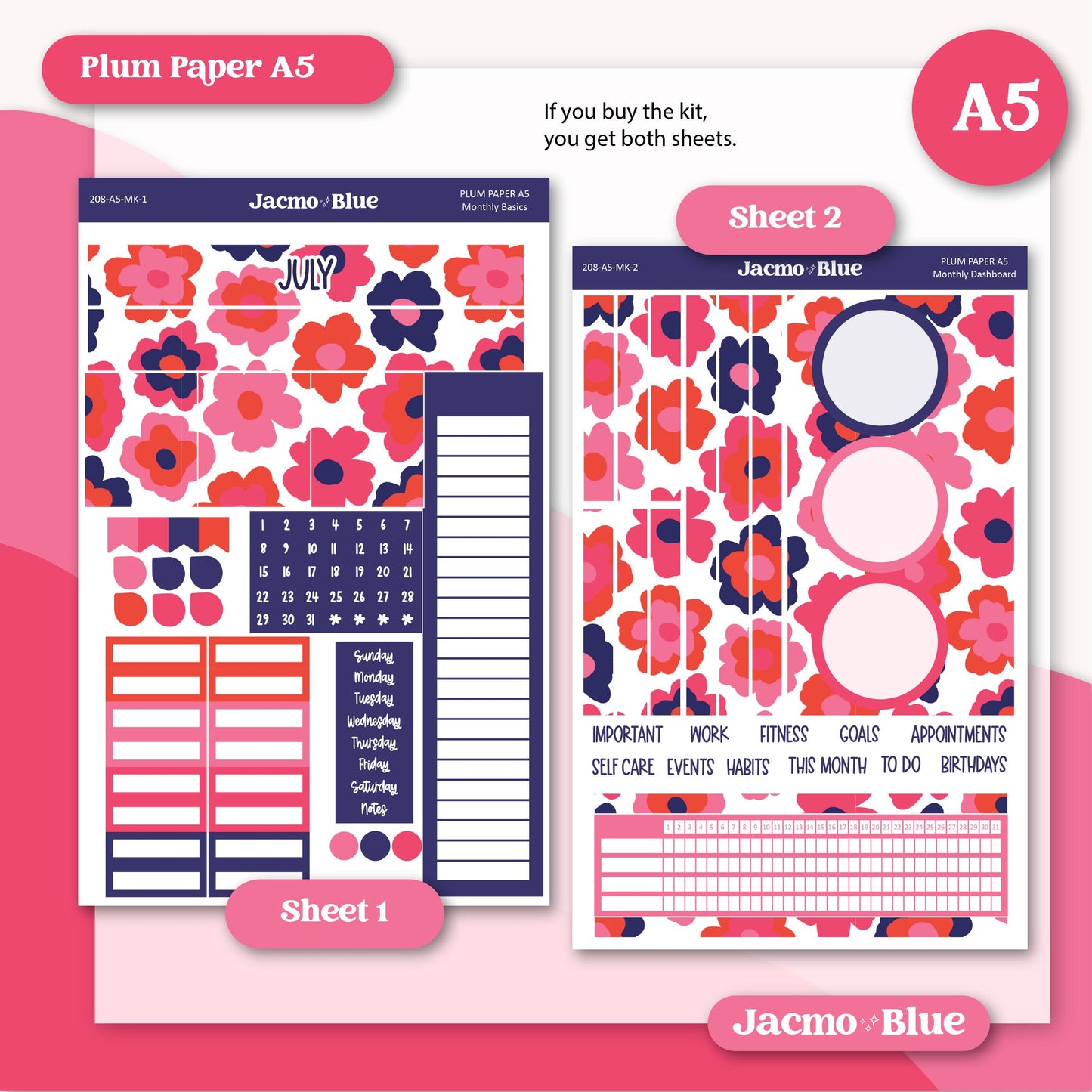 July Plum Paper Monthly Sticker Kit for 8x11 7x9 A5 Planners - Kit 208 July Planner Stickers