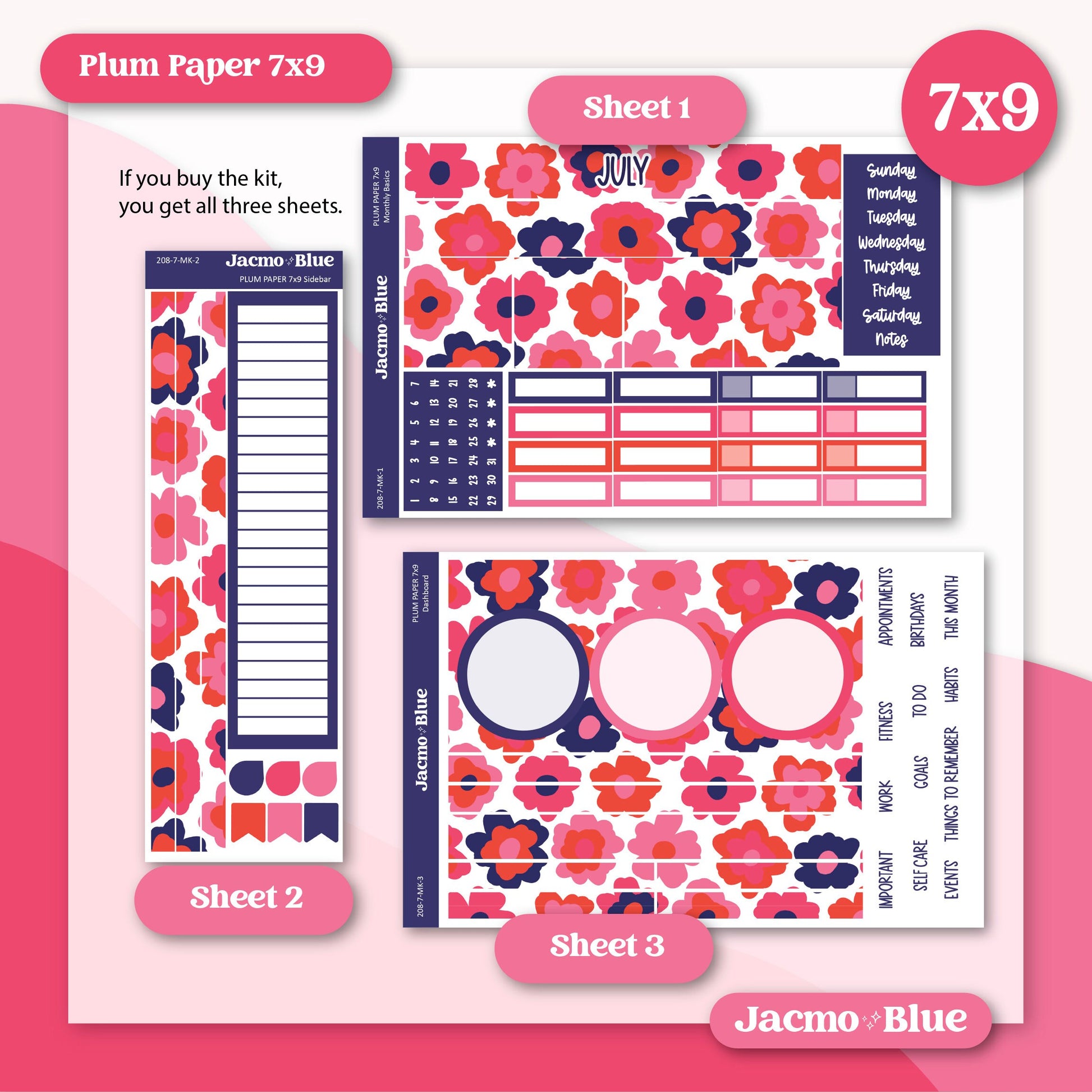 July Plum Paper Monthly Sticker Kit for 8x11 7x9 A5 Planners - Kit 208 July Planner Stickers