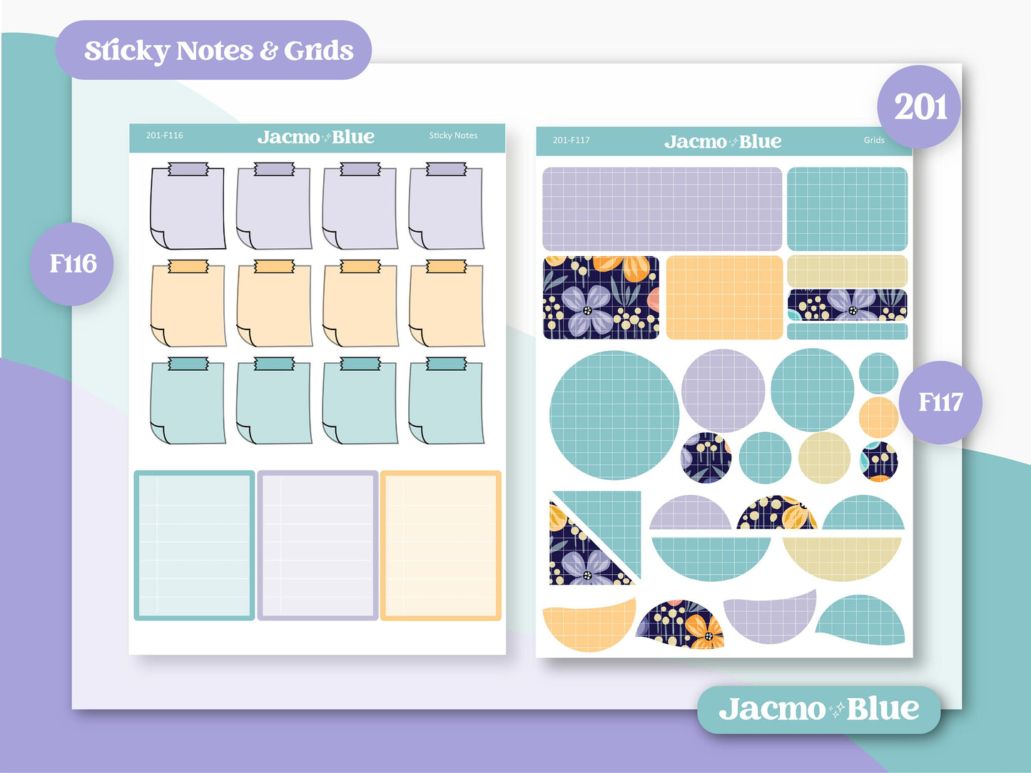 a printable planner page with the text sticky notes and grids