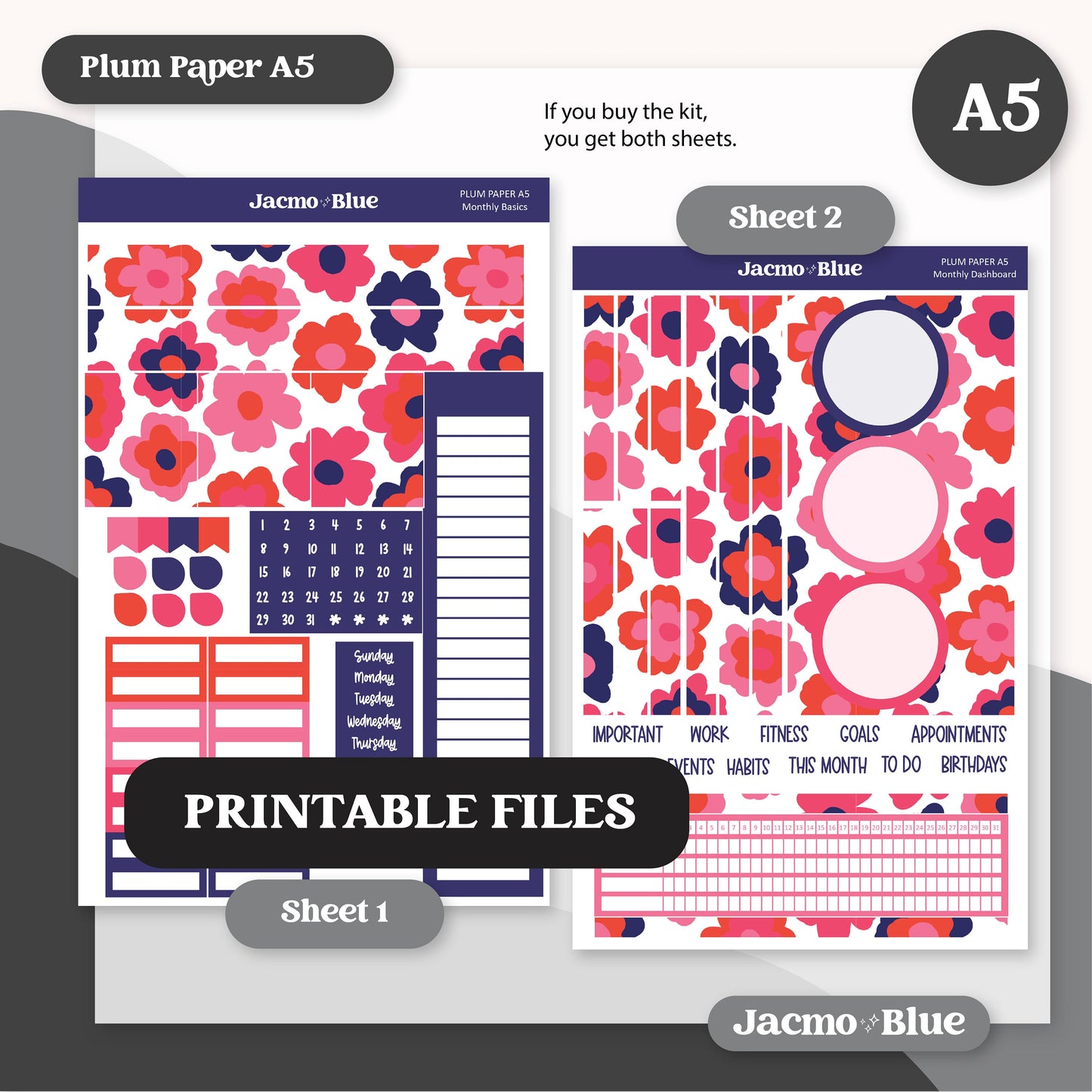 PRINTABLE Plum Paper Planner Monthly Stickers Spring 8x11 7x9 A5 Print and Cut - Kit 208 Includes Bill Due Auto Pay and Months